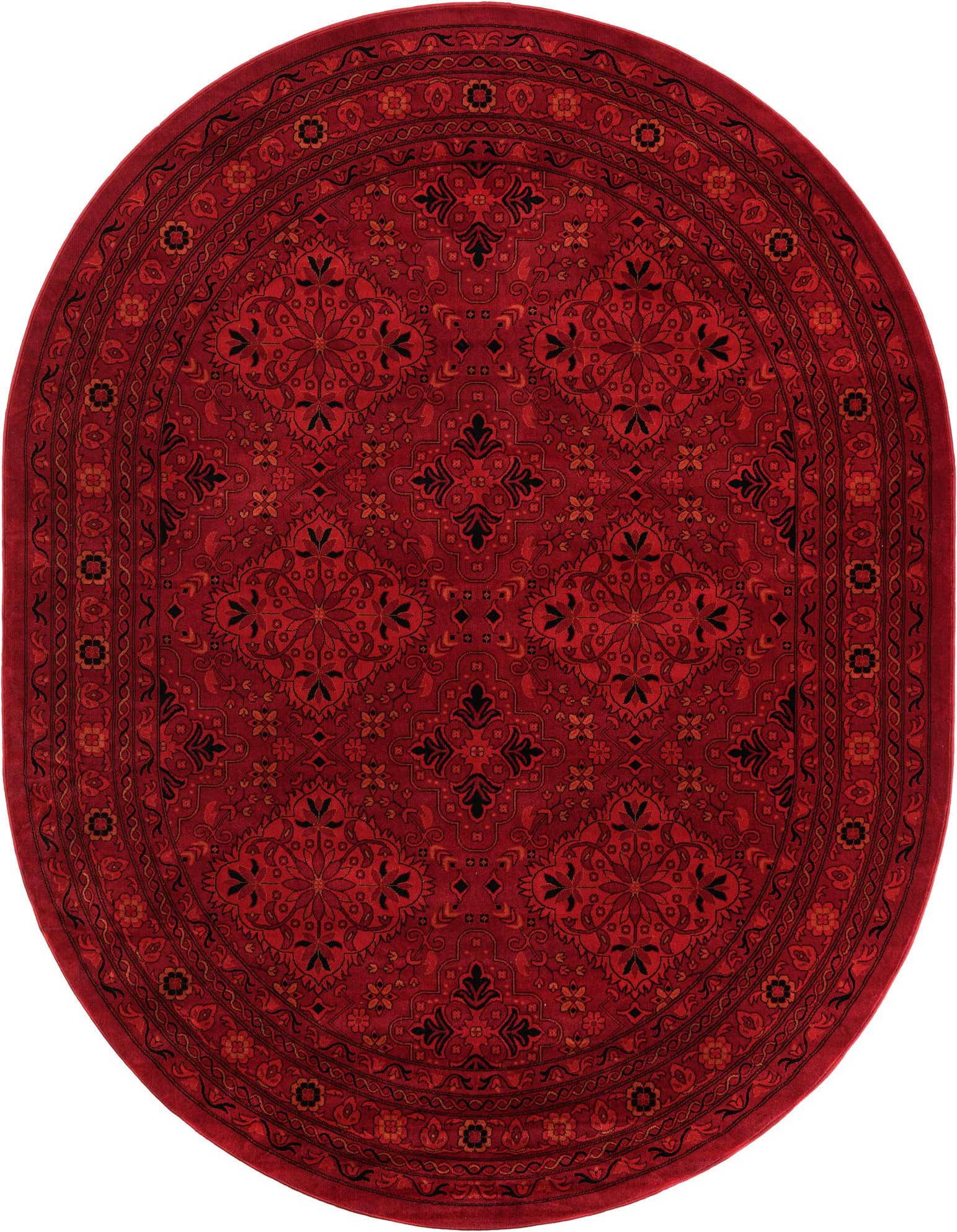 A 7' 10 x 10' 0 oval red traditional rug with intricate black and gold medallion and floral patterns, ideal for an indoor living space.