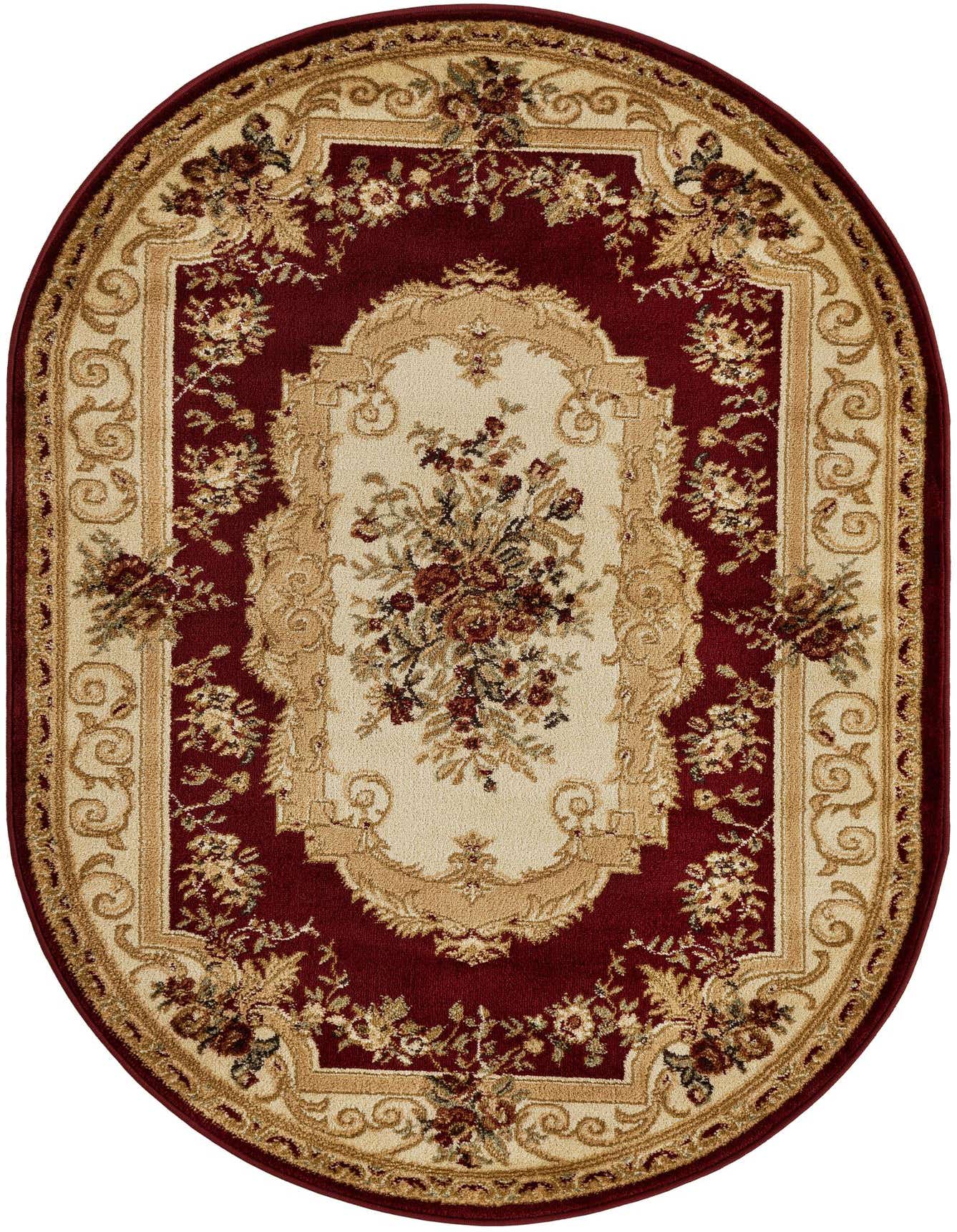 An oval 4'x6' Chateau rug in rich reds with a traditional medallion pattern and intricate floral details.