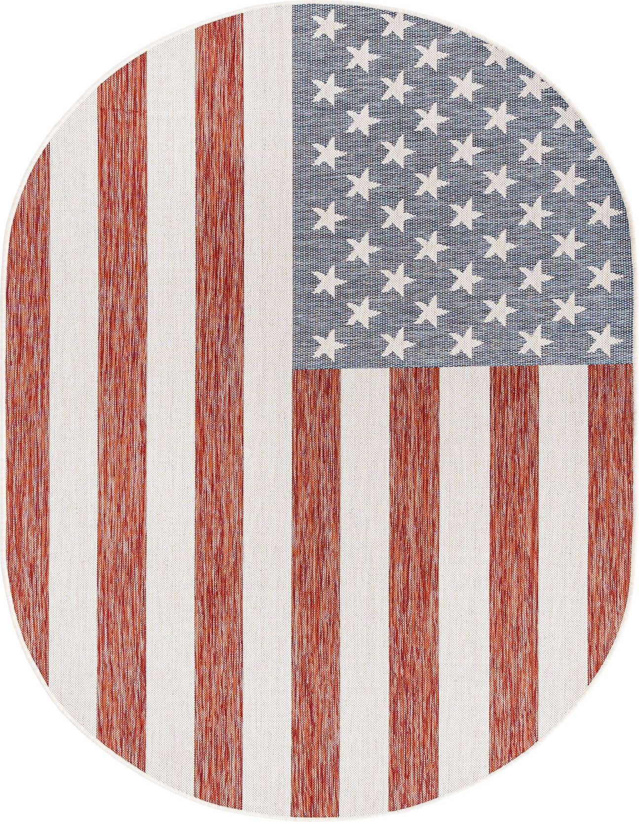 Oval rug designed like the American flag, featuring red and white stripes and a blue field with white stars.