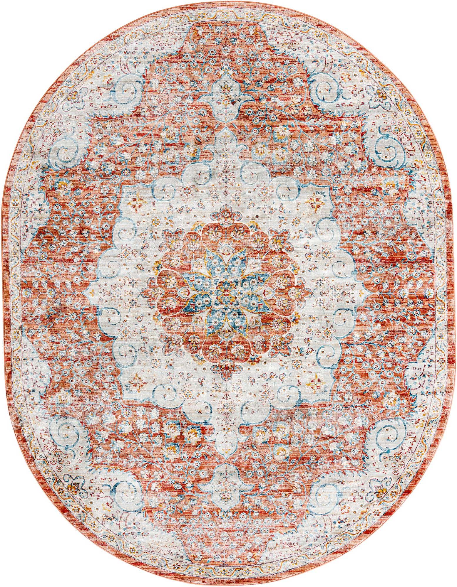 An oval 7' 10 x 10' 2 Newport rug in distressed red, cream, and blue with a traditional medallion pattern.
