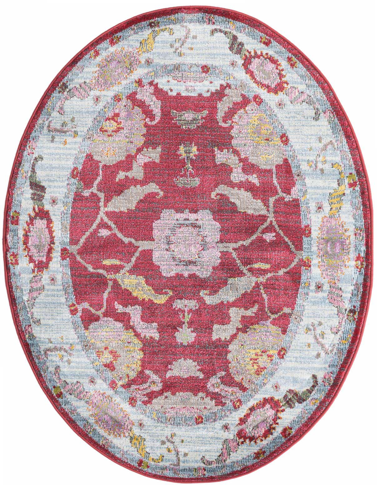 A 3' 3 x 5' 3 oval Paragon rug with a central red medallion and intricate floral patterns on a light blue background, bordered in red.