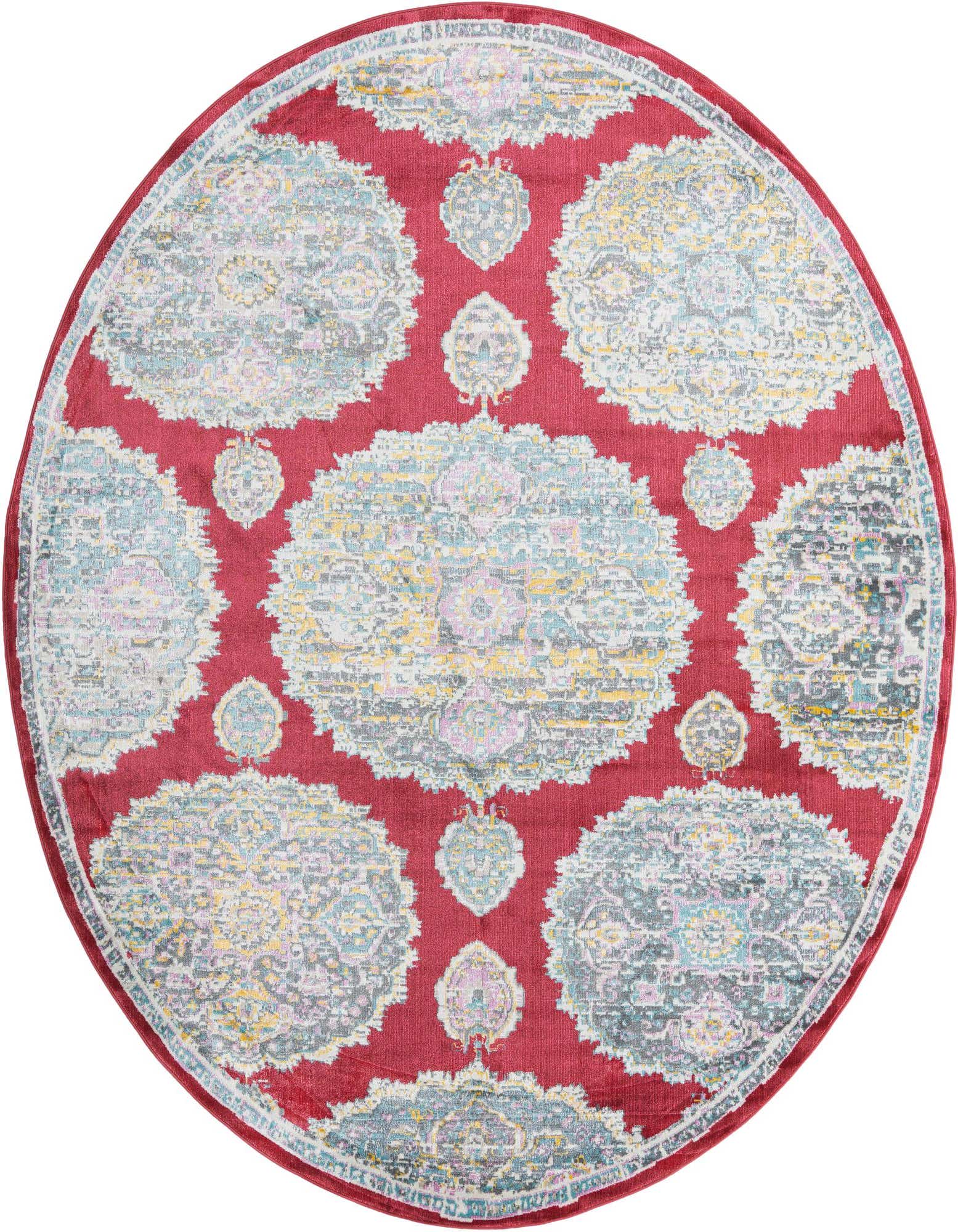An 8' 2 x 10' 0 oval red rug featuring a distressed bohemian floral pattern in shades of blue, grey, and yellow.