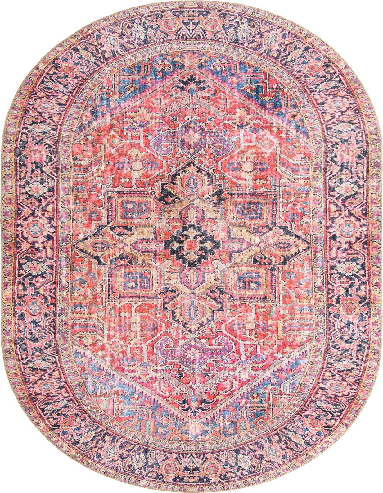 A vibrant 5' x 8' oval rug featuring a distressed medallion pattern in reds, blues, purples, and beige, with a multi-colored border.