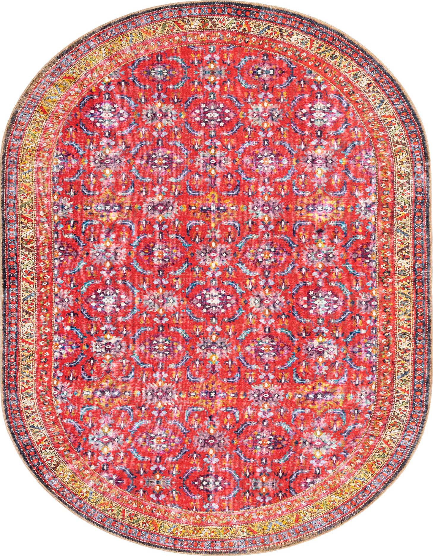 A vibrant 7'6" x 10'6" oval red area rug with a detailed traditional floral and oriental pattern, featuring blue, purple, and yellow accents.