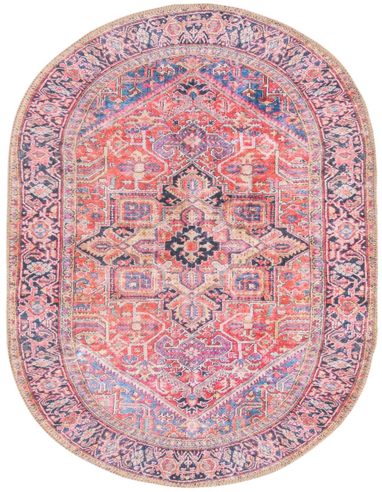 A 2'x3' oval rug featuring a vibrant red, blue, and purple medallion pattern with a distressed vintage look.