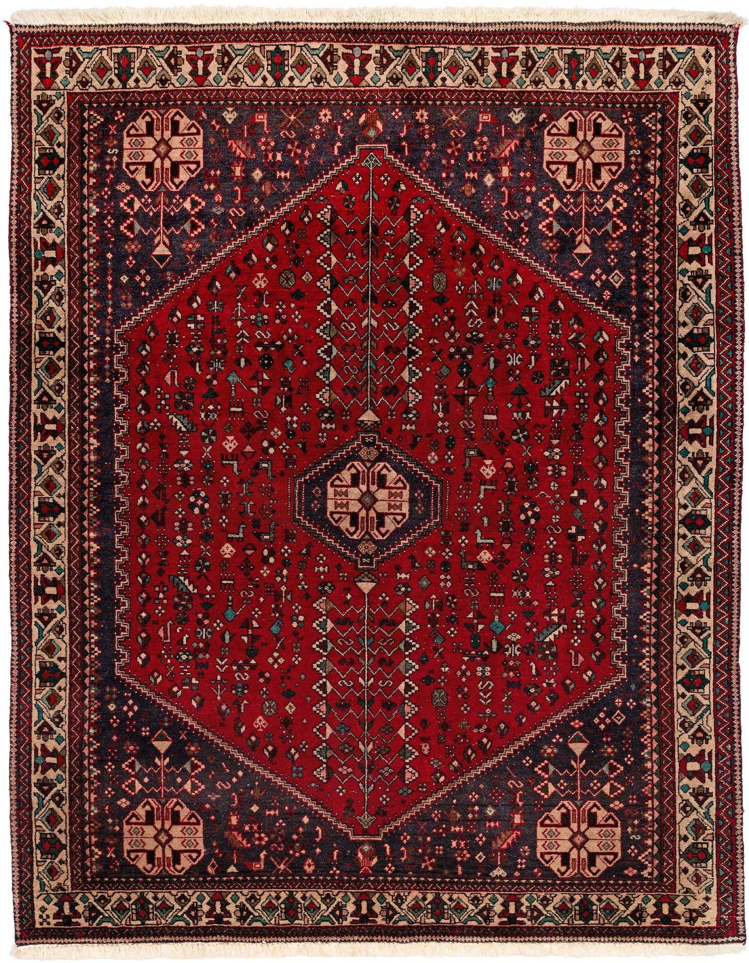 A 4x6 rectangular Abadeh tribal rug in deep red and navy, featuring intricate geometric patterns and a central medallion.