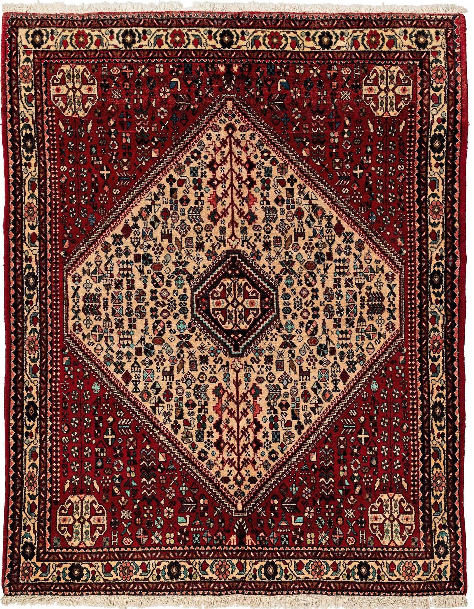 A 4x6 rectangular Abadeh tribal wool rug with a central cream diamond pattern on a deep red field, featuring intricate geometric and animal motifs.