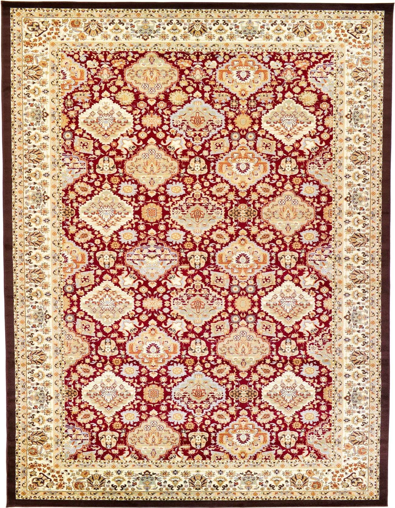 A large 10x16 rectangular Aditi rug featuring a rich red field with intricate traditional and floral patterns in cream, gold, and light blue, framed by a detailed cream border.