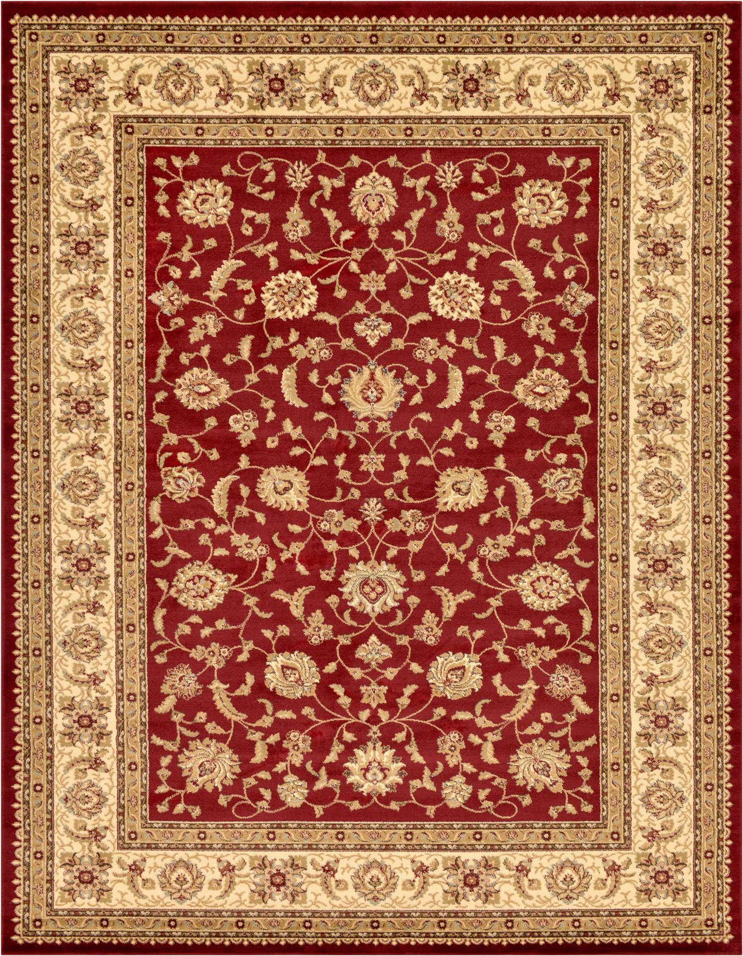 A 9x12 rectangular Aditi rug featuring a rich red field with intricate gold and beige traditional floral and oriental patterns, bordered by a wide cream and gold floral design.