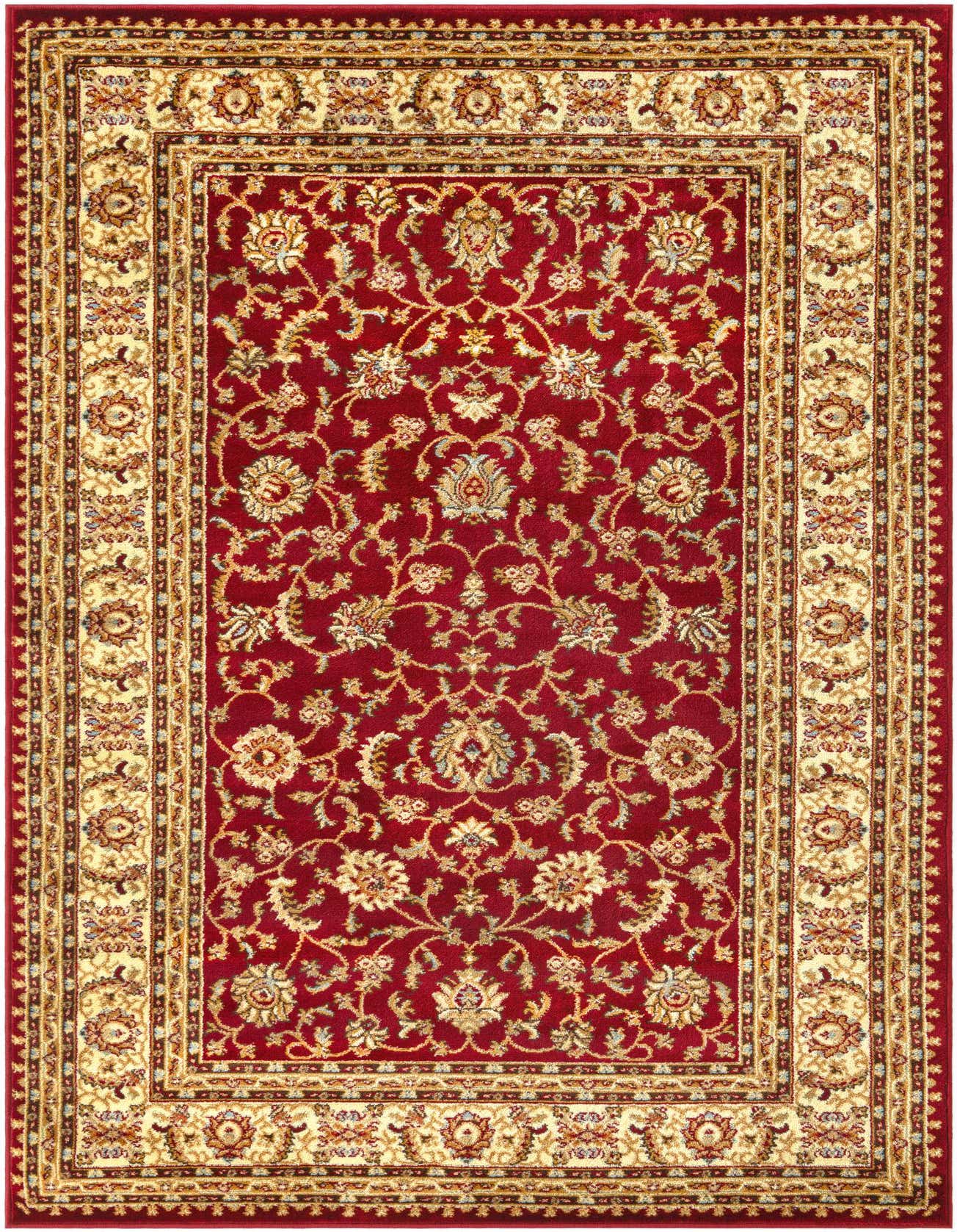 A 5x8 rectangular Aditi rug featuring a traditional Oriental floral pattern in deep red with beige and gold accents, ideal for a living room.