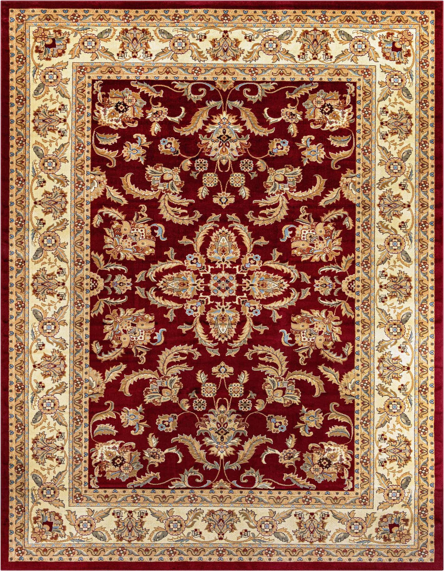 A 10x14 rectangular red oriental rug with a central medallion and intricate floral patterns in cream and gold.