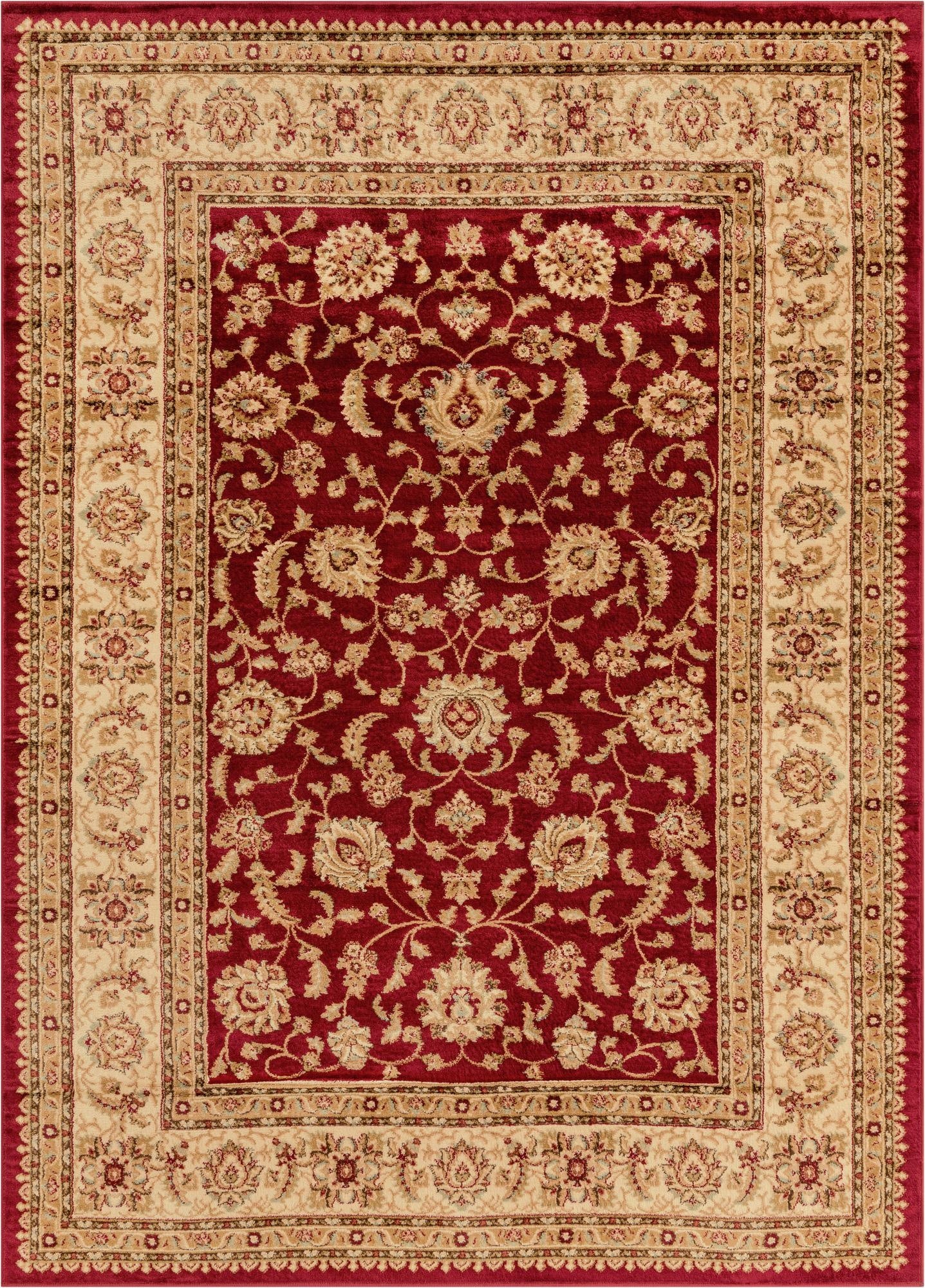 A 7x10 rectangular Aditi rug in deep red with an intricate beige and gold traditional floral pattern and border.