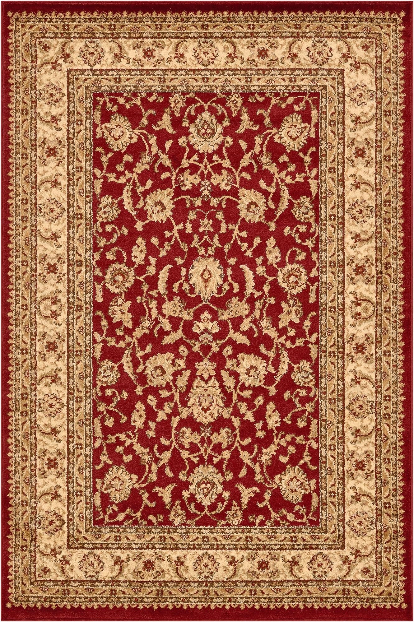 A 4x6 rectangular red traditional area rug with an intricate beige floral and oriental pattern and border.