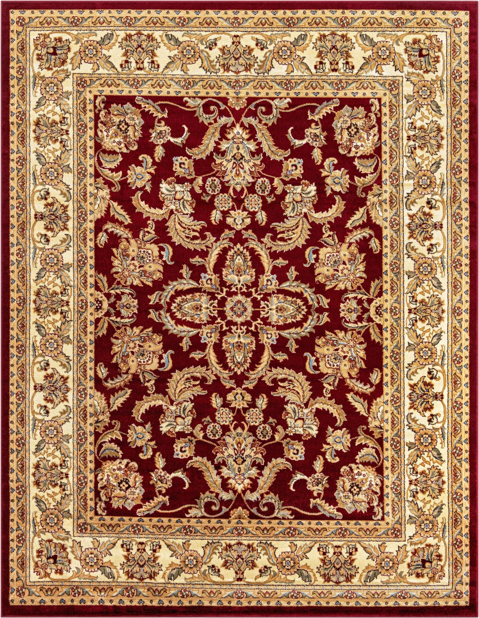 An 8x10 rectangular Aditi rug featuring a rich red field with intricate gold and cream traditional floral patterns, perfect for a living room.