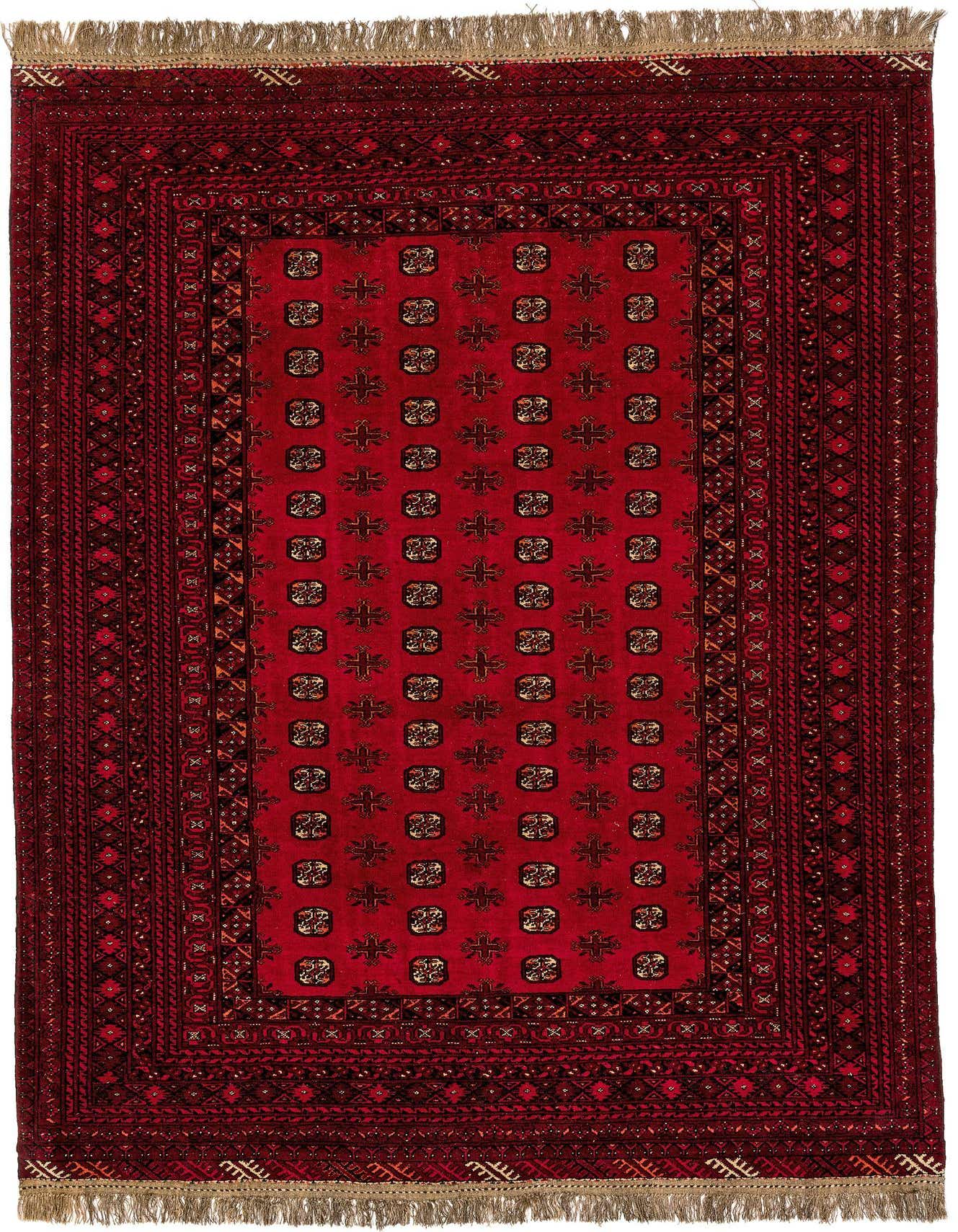 A 6x9 rectangular Afghan Akhche tribal rug in deep reds, featuring a central field of repeating geometric motifs and intricate borders.