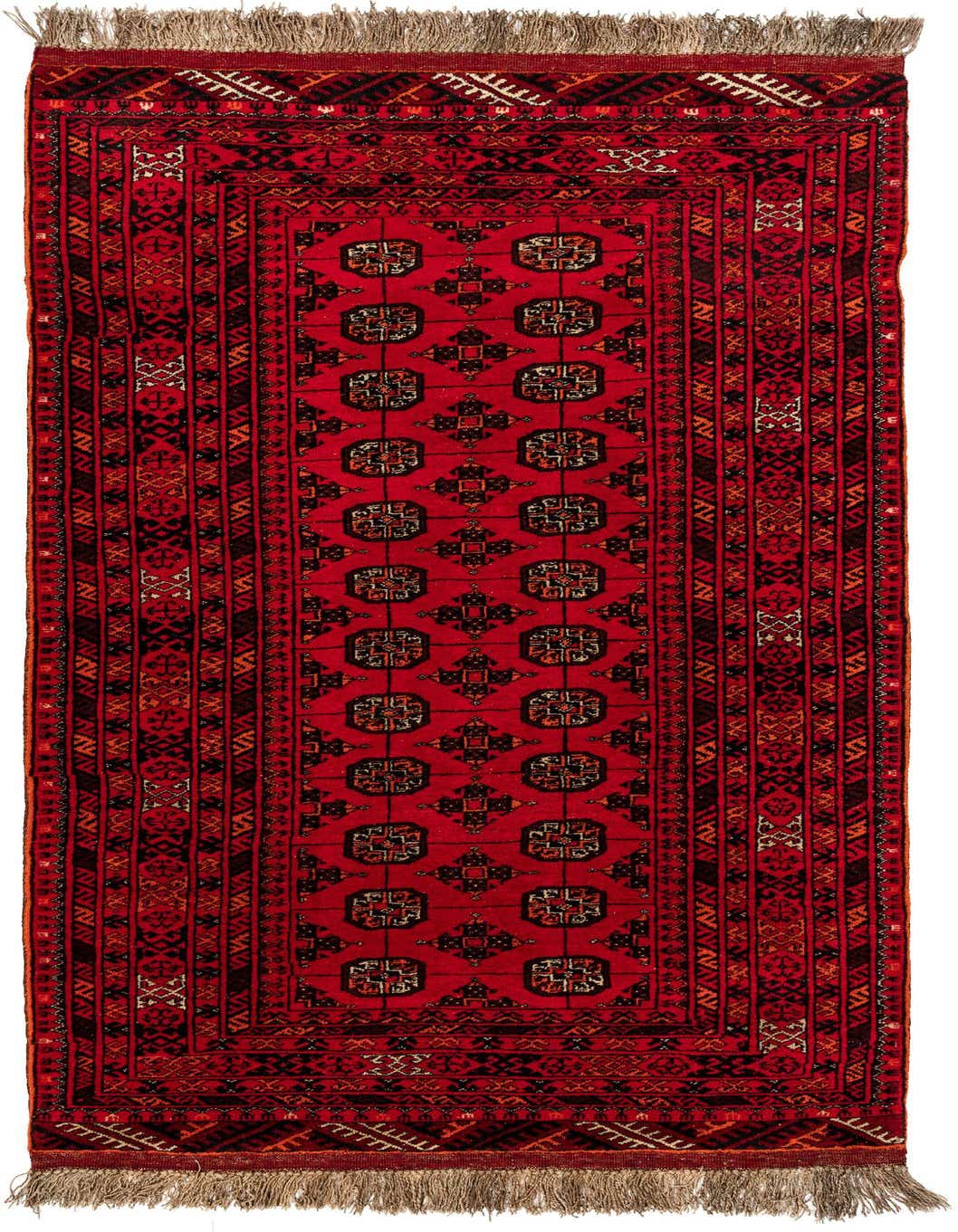 A 4x6 rectangular red tribal wool rug with intricate black and orange geometric patterns, featuring fringe on the ends.