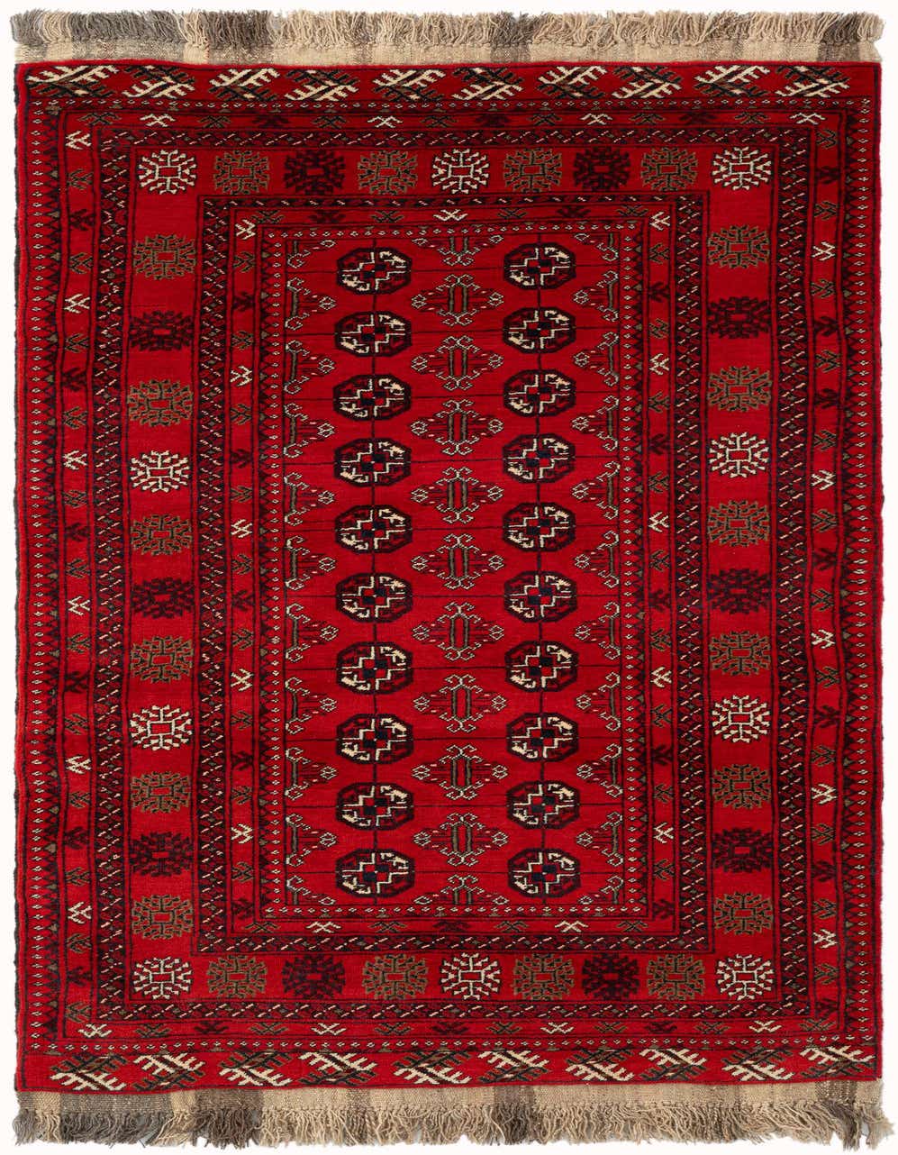 A 4x6 rectangular red tribal rug, handmade from wool, featuring intricate geometric patterns and a thin pile.