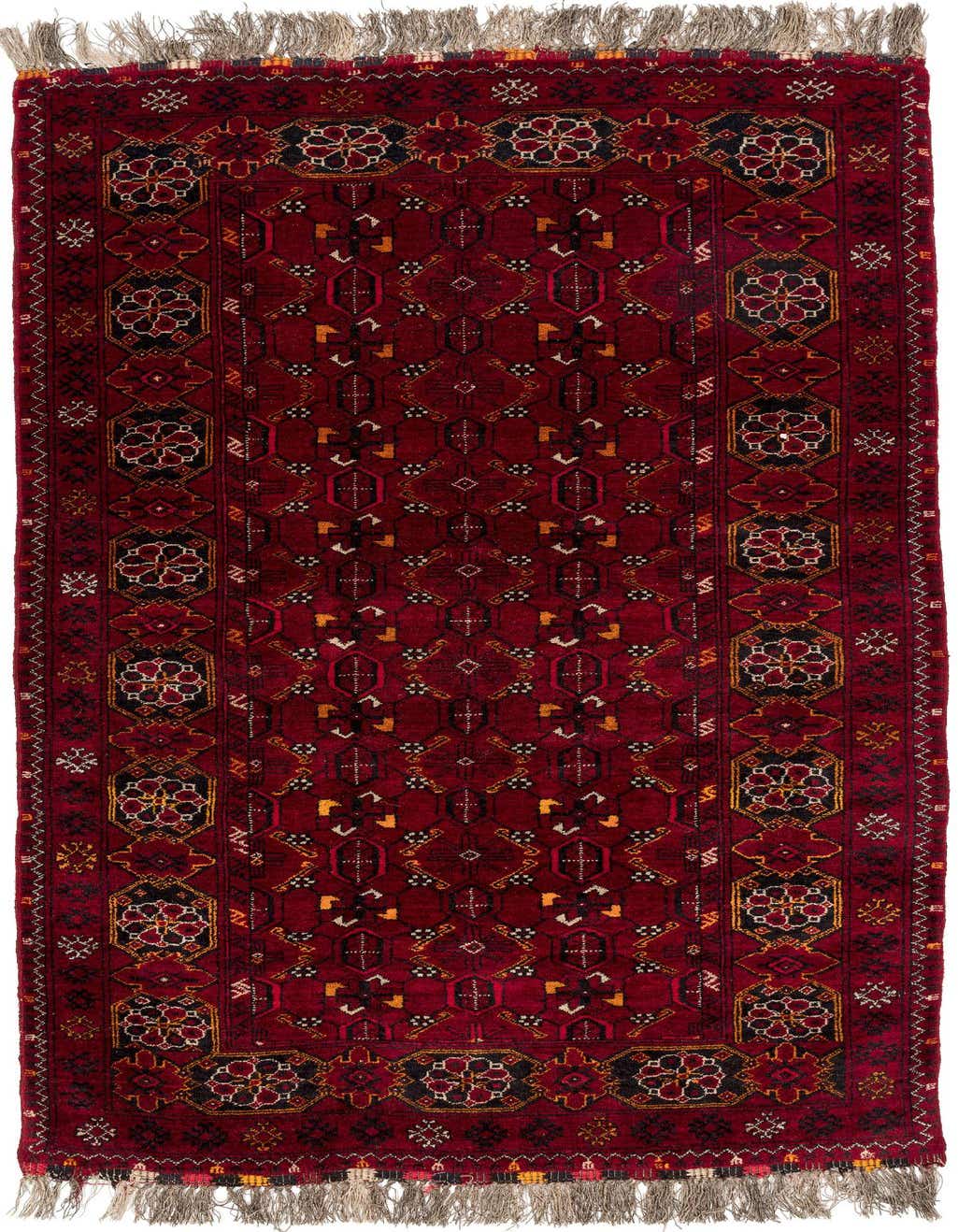 A 4x6 rectangular Afghan Akhche rug in deep red with intricate black, gold, and white tribal patterns and fringed ends.