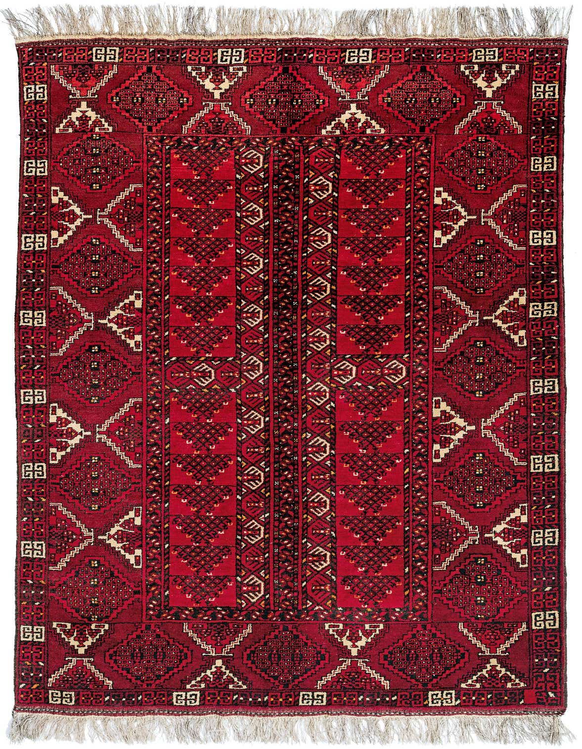 A 5x8 rectangular Afghan Akhche rug in deep reds, featuring intricate tribal patterns and a thin pile.