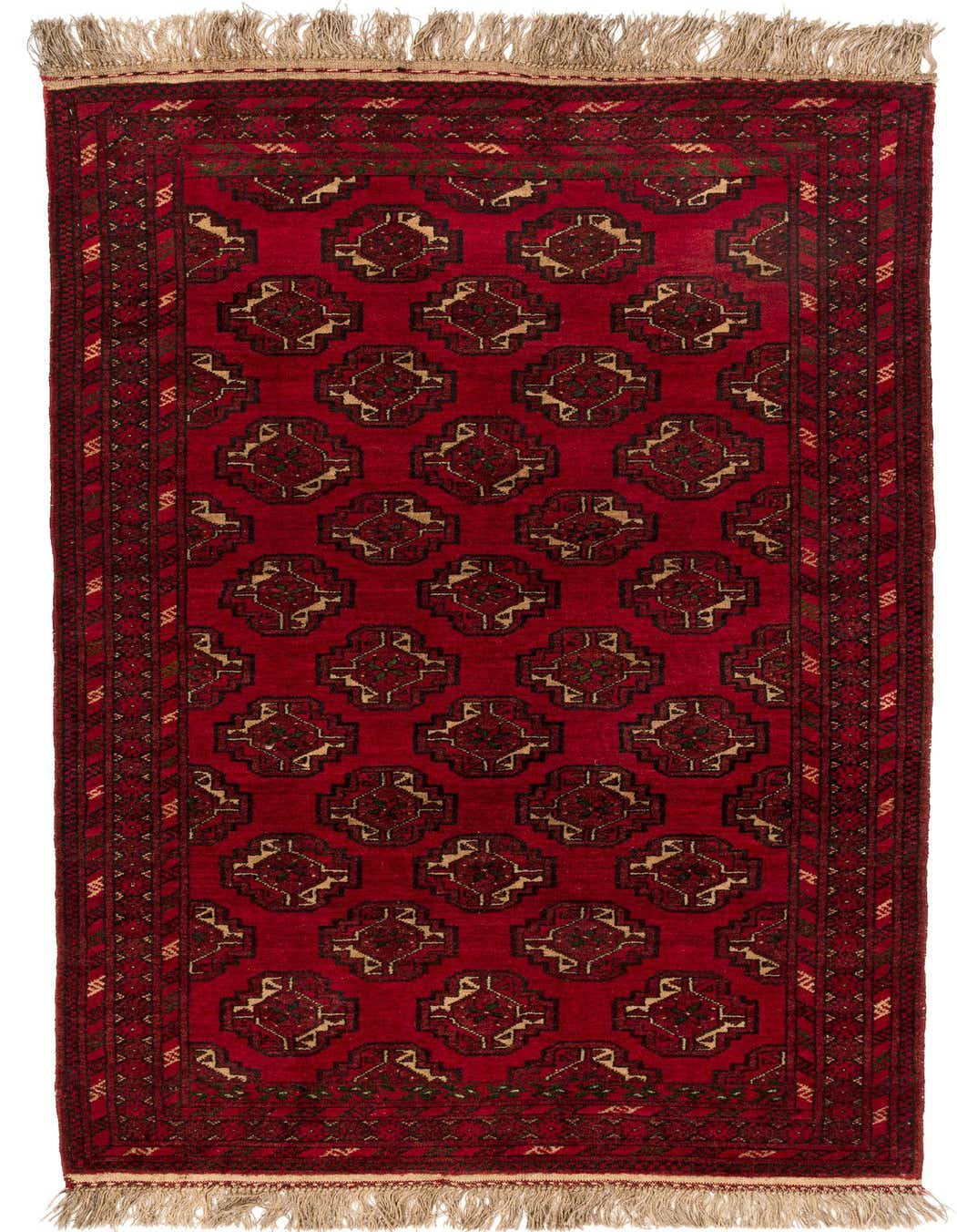 A 4x6 rectangular red tribal wool rug with a repeating geometric pattern and fringed ends, perfect for a living room.