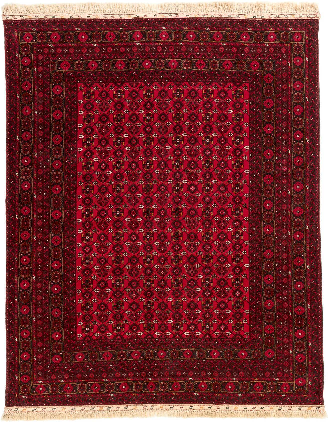 A 7x10 rectangular Rugs.com Afghan Akhche rug in deep reds with a traditional tribal pattern and thin pile, featuring intricate borders.