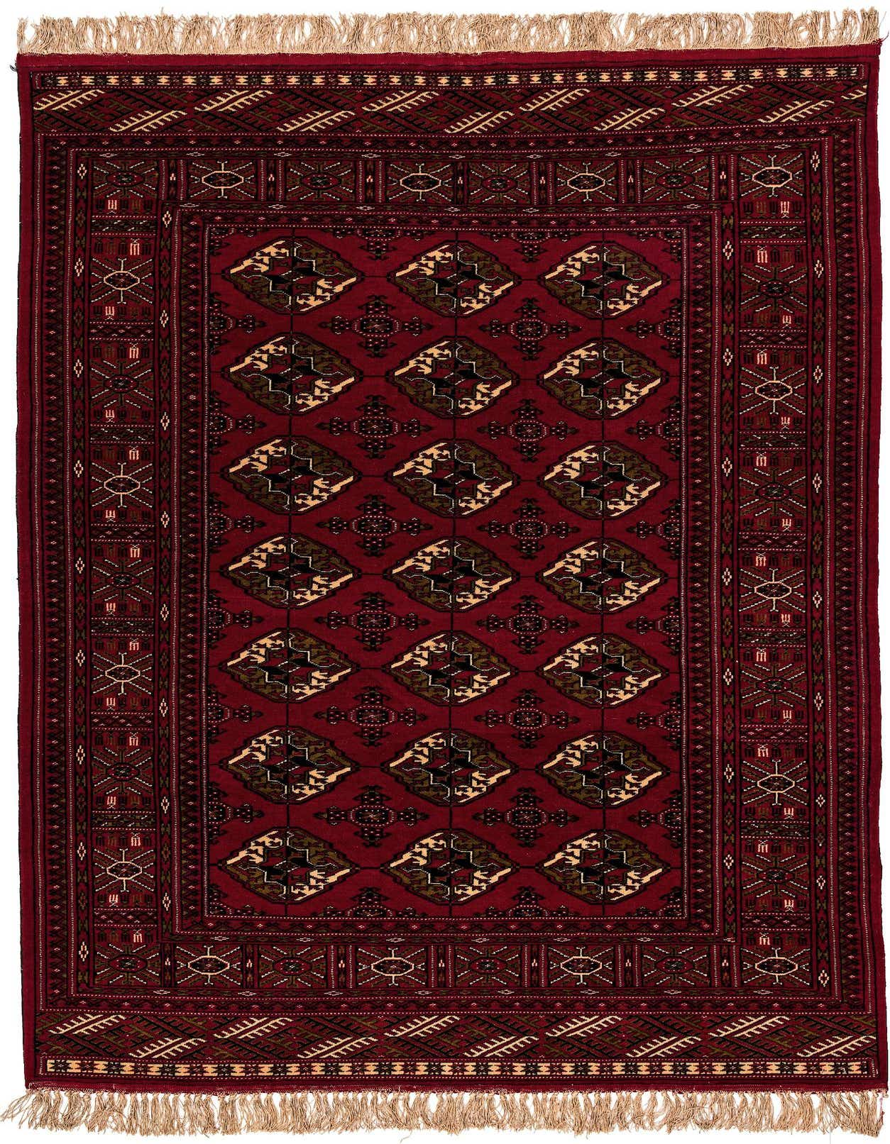 A 4x6 rectangular red tribal wool rug with a repeating diamond pattern and intricate borders, featuring fringe.