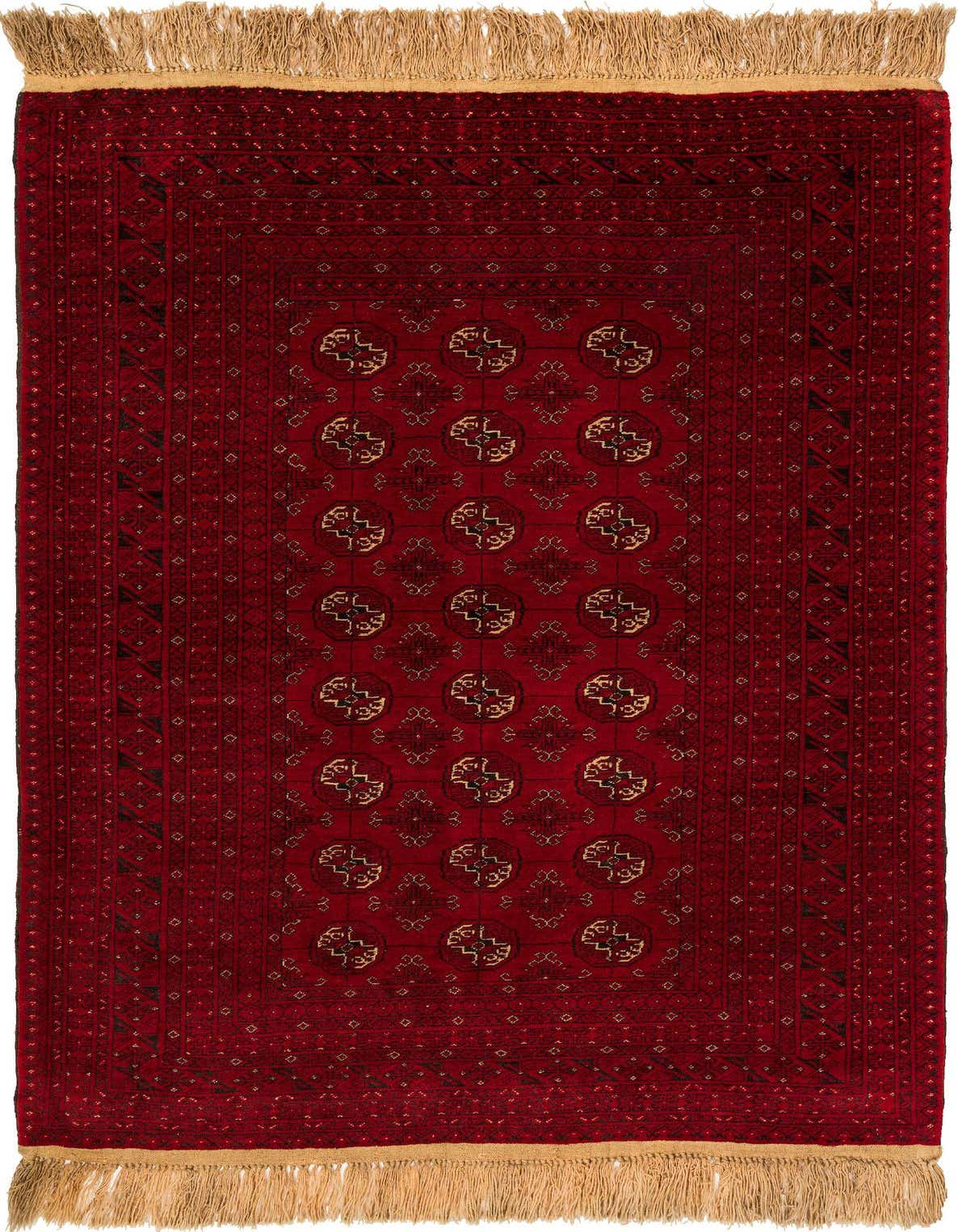 A 4x6 rectangular red tribal wool rug with intricate geometric patterns and light fringe, suitable for an indoor living room.