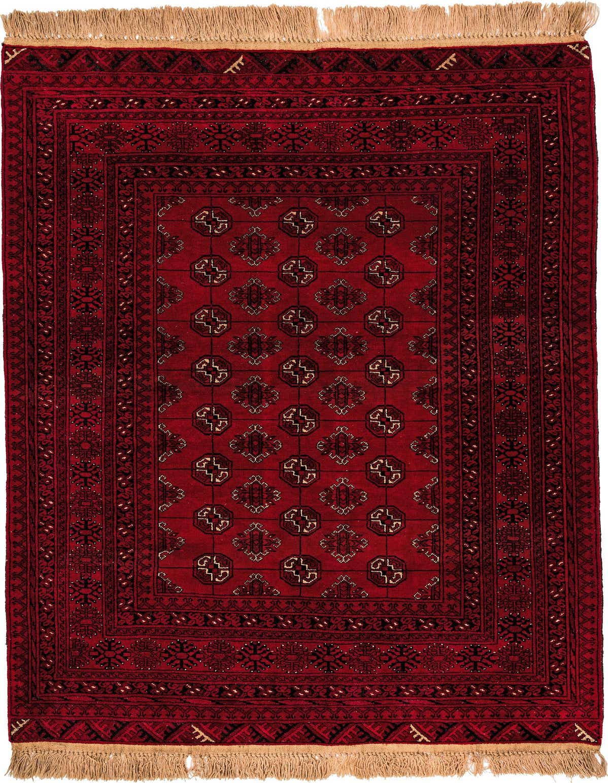 A 4x6 rectangular Rugs.com Afghan Akhche rug in deep red with intricate black and beige tribal patterns and fringed ends.
