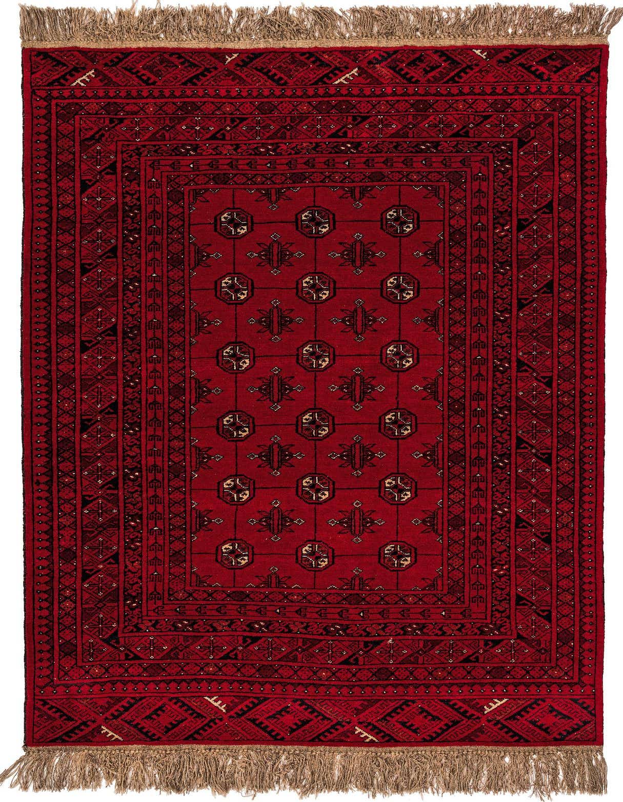 A 4x6 rectangular red tribal wool rug with intricate black and beige geometric patterns and fringe.