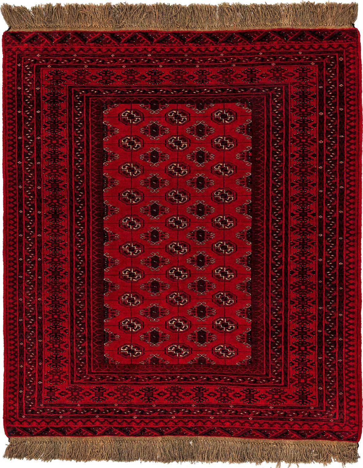 A 4x6 rectangular Afghan Akhche rug in deep reds, featuring traditional tribal patterns and a fringed edge.