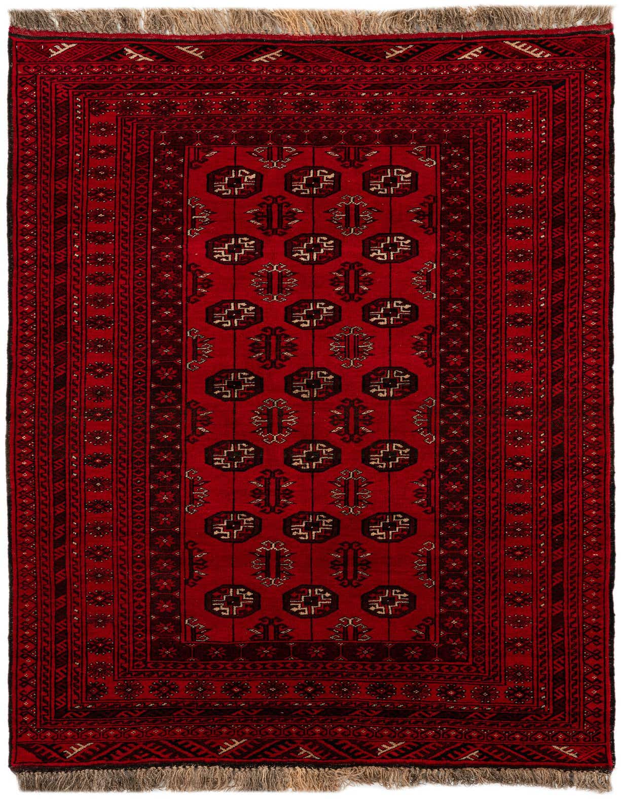 A 4x6 rectangular red wool rug with a tribal pattern, featuring a central medallion design and intricate borders, suitable for a living room.
