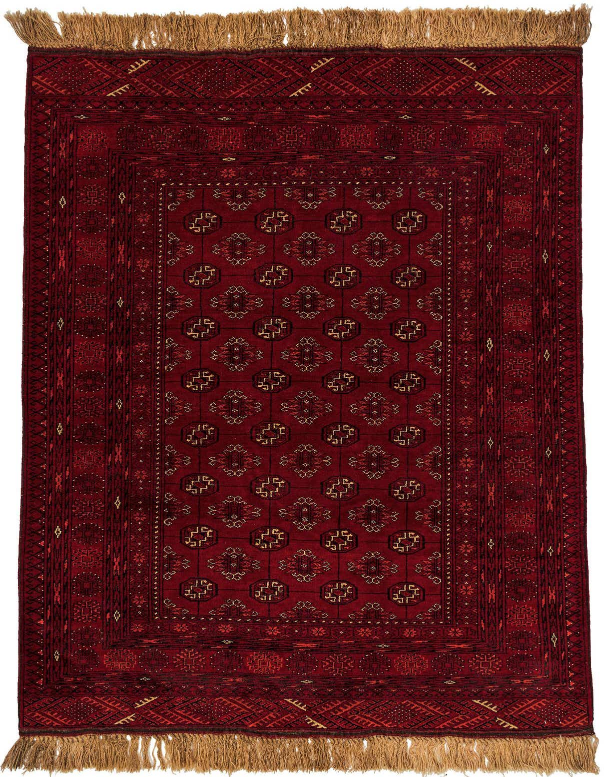 A 4x6 rectangular Afghan Akhche rug in deep reds with a tribal geometric pattern and natural fringe.