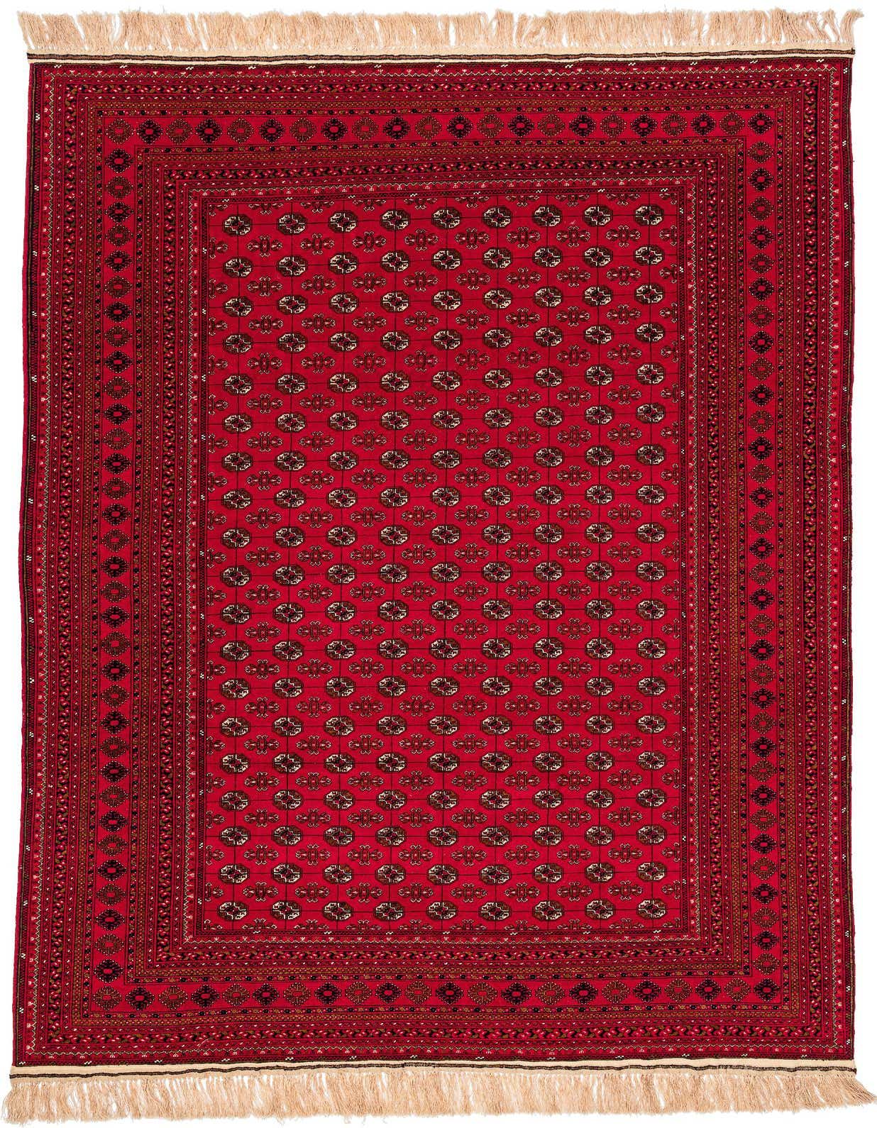 A 7x10 rectangular Rugs.com Afghan Akhche rug in deep red with intricate tribal and oriental patterns, featuring a central field of repeating medallions and a multi-bordered design, finished with light fringe.