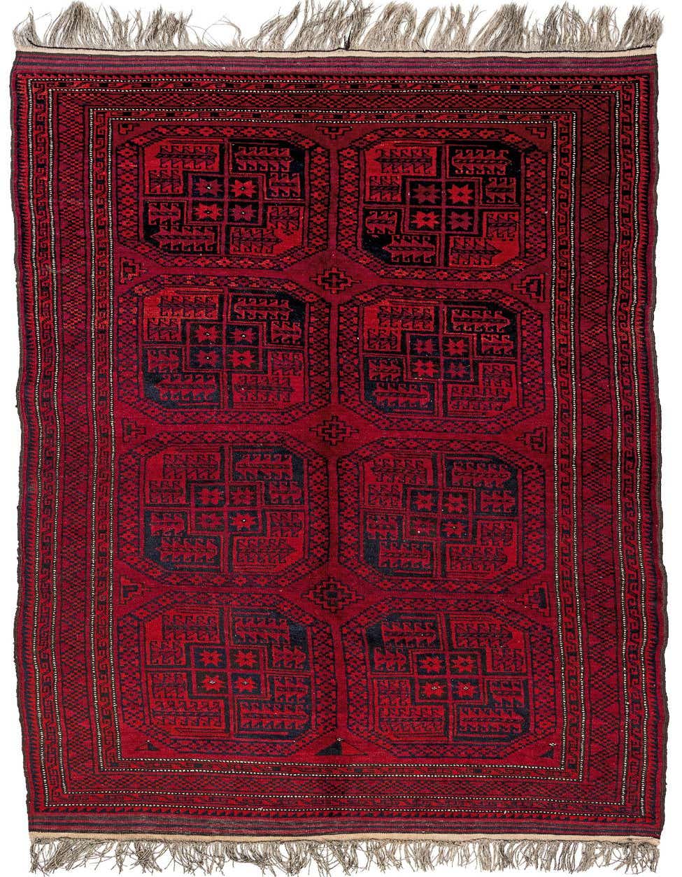 A 5x8 rectangular Afghan Akhche rug in deep reds and black with intricate tribal geometric patterns and fringe.