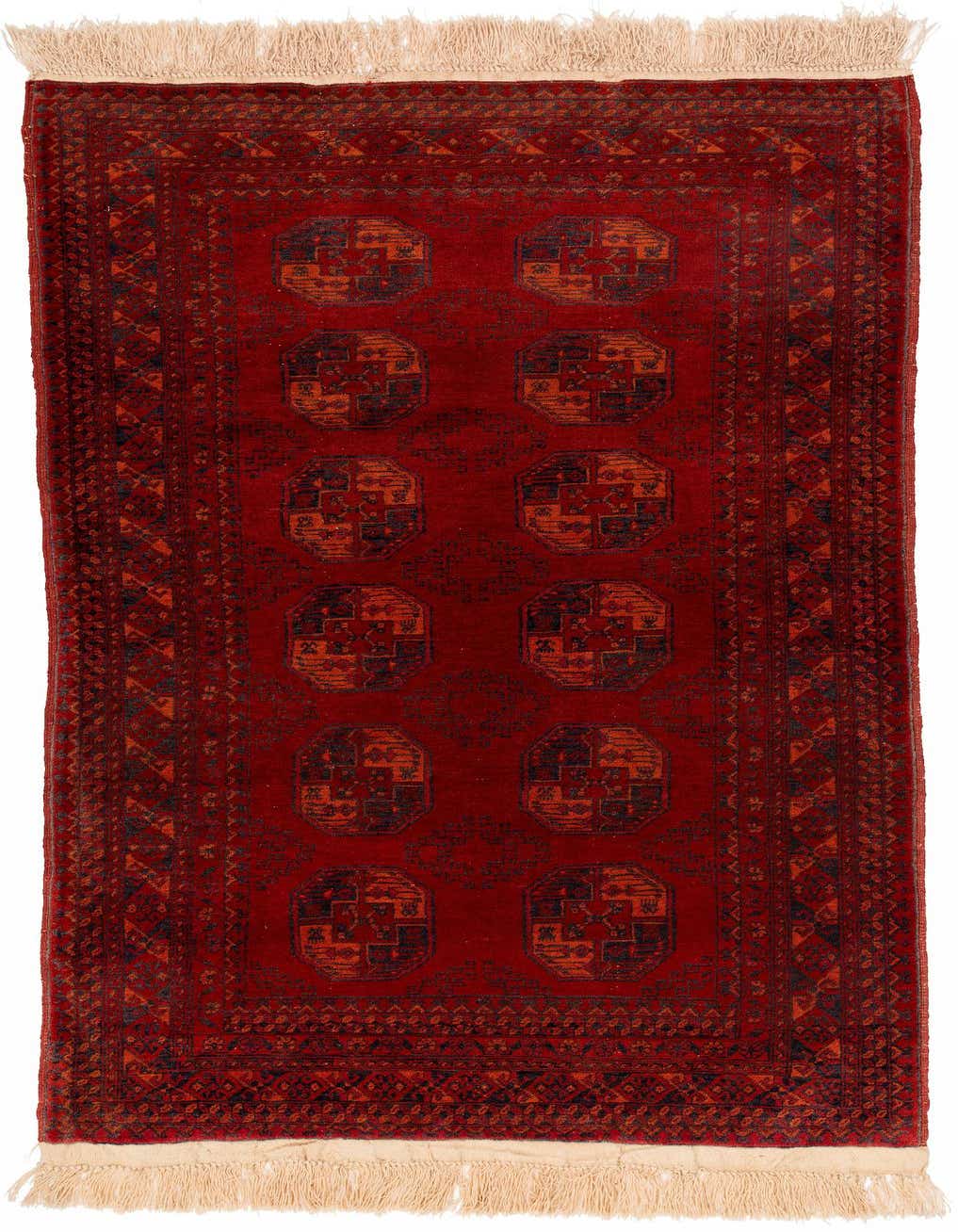 A 4x6 rectangular red tribal rug with a thin pile and traditional geometric patterns, featuring a dark border and light fringe.