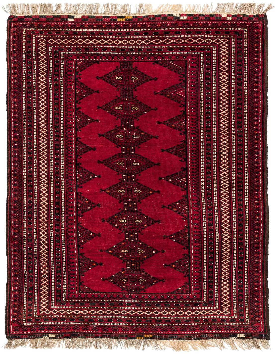 A 4x6 rectangular Rugs.com Afghan Akhche rug in deep red with black and white tribal patterns and fringe.