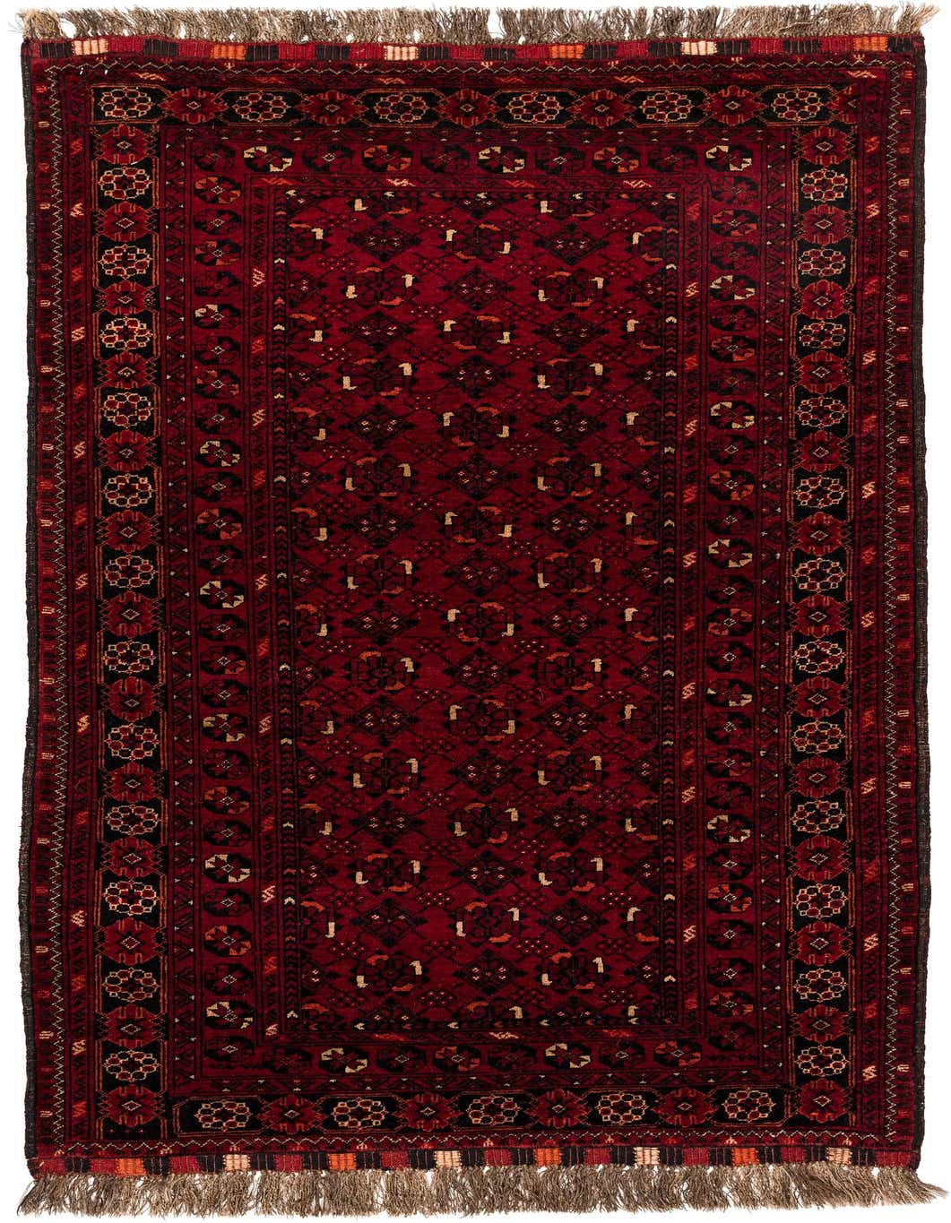 A 4x6 rectangular red tribal rug with intricate black and gold patterns, featuring a thin pile and fringed ends.