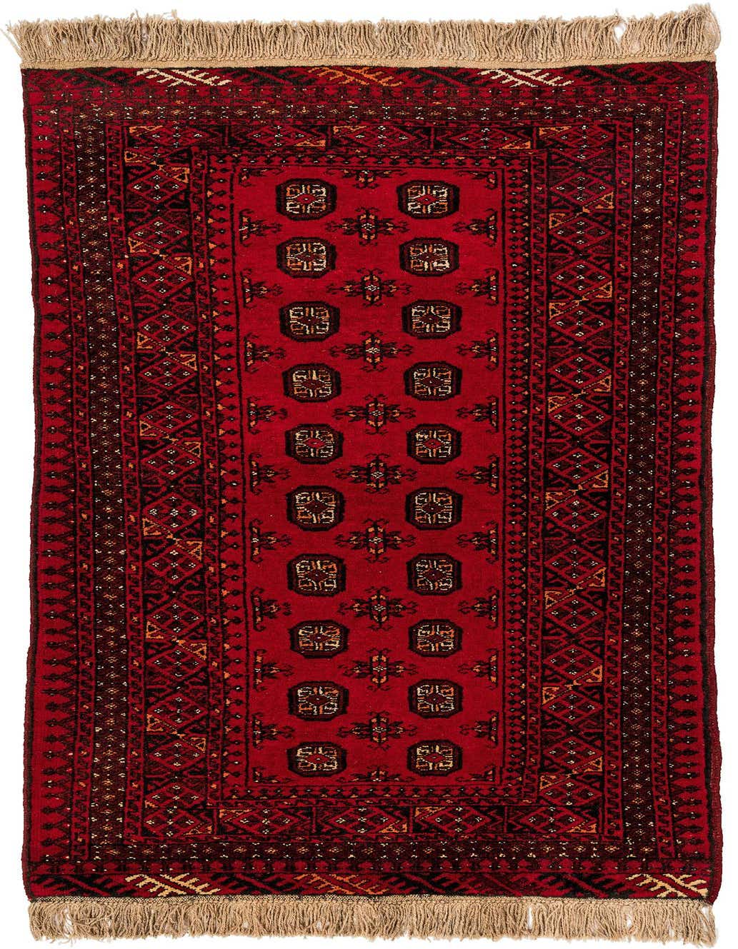 A 4x6 rectangular Rugs.com Afghan Akhche rug in deep red with intricate tribal patterns and fringed ends.