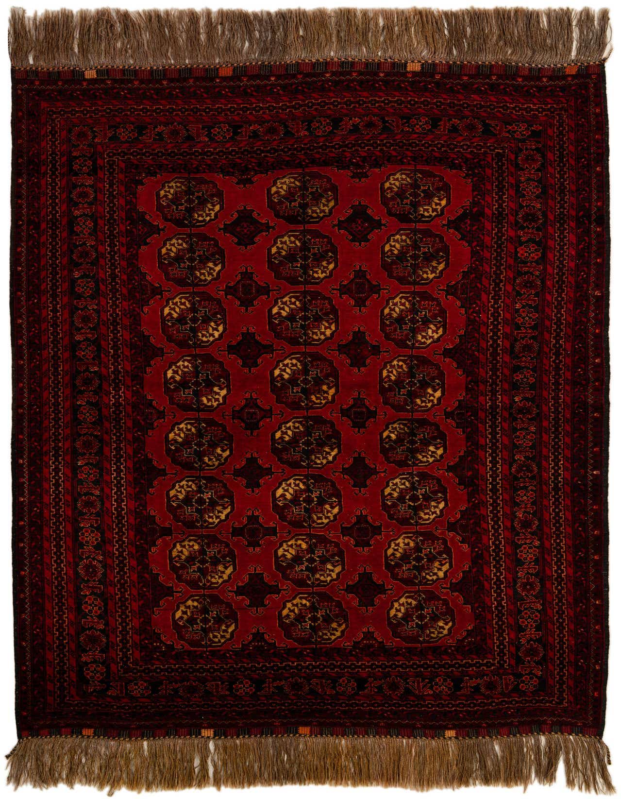 A 5x7 rectangular Afghan Akhche rug featuring a traditional tribal pattern in deep reds and gold with fringe.
