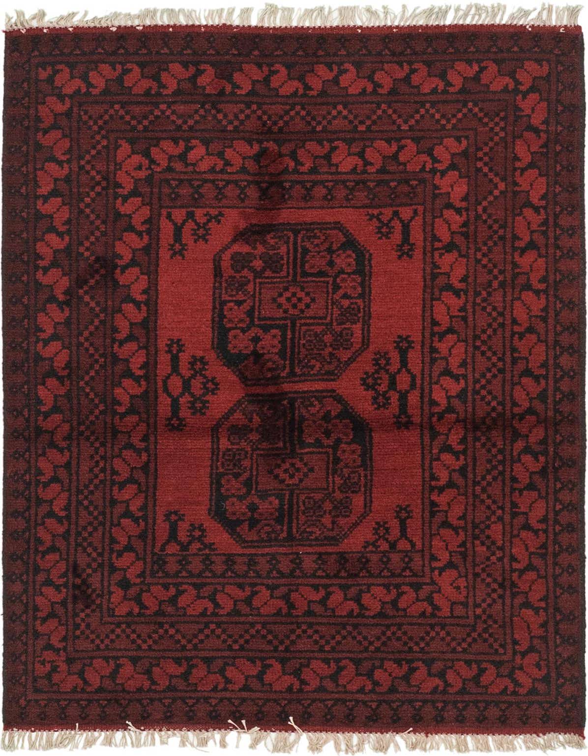 A 3x5 rectangular Afghan Akhche rug in deep red with black traditional tribal patterns and a central medallion.
