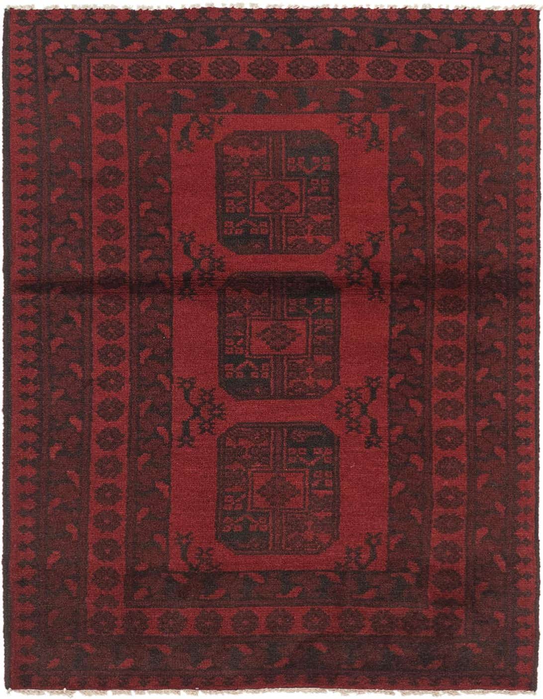 A 3x5 rectangular Afghan Akhche rug in deep red with dark tribal medallions and a traditional border.
