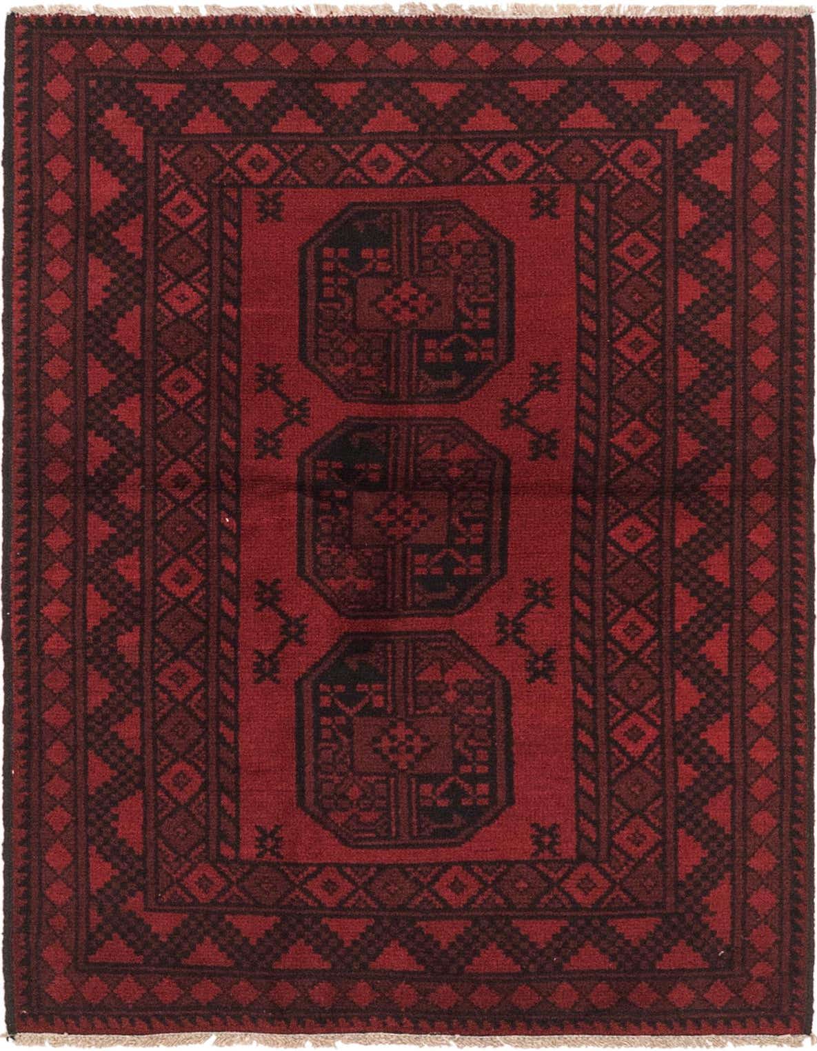 A 3x5 rectangular Afghan Akhche rug in deep reds and black, featuring traditional tribal medallions and geometric borders.