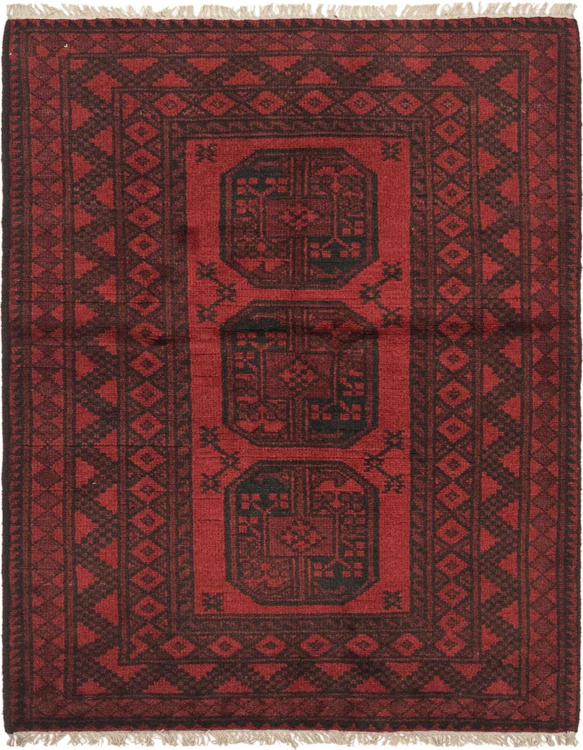A 3x5 rectangular Afghan Akhche rug in deep red with black traditional tribal medallion patterns and a thin pile.