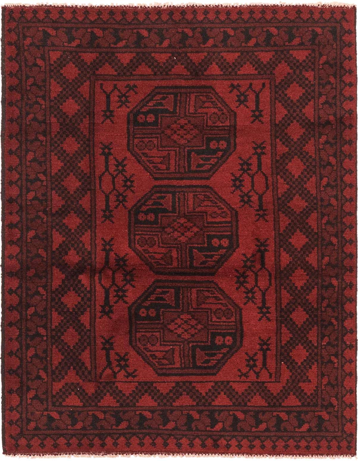 A 3x5 rectangular Afghan Akhche rug in deep reds with black traditional tribal medallion patterns, suitable for a kitchen or entryway.