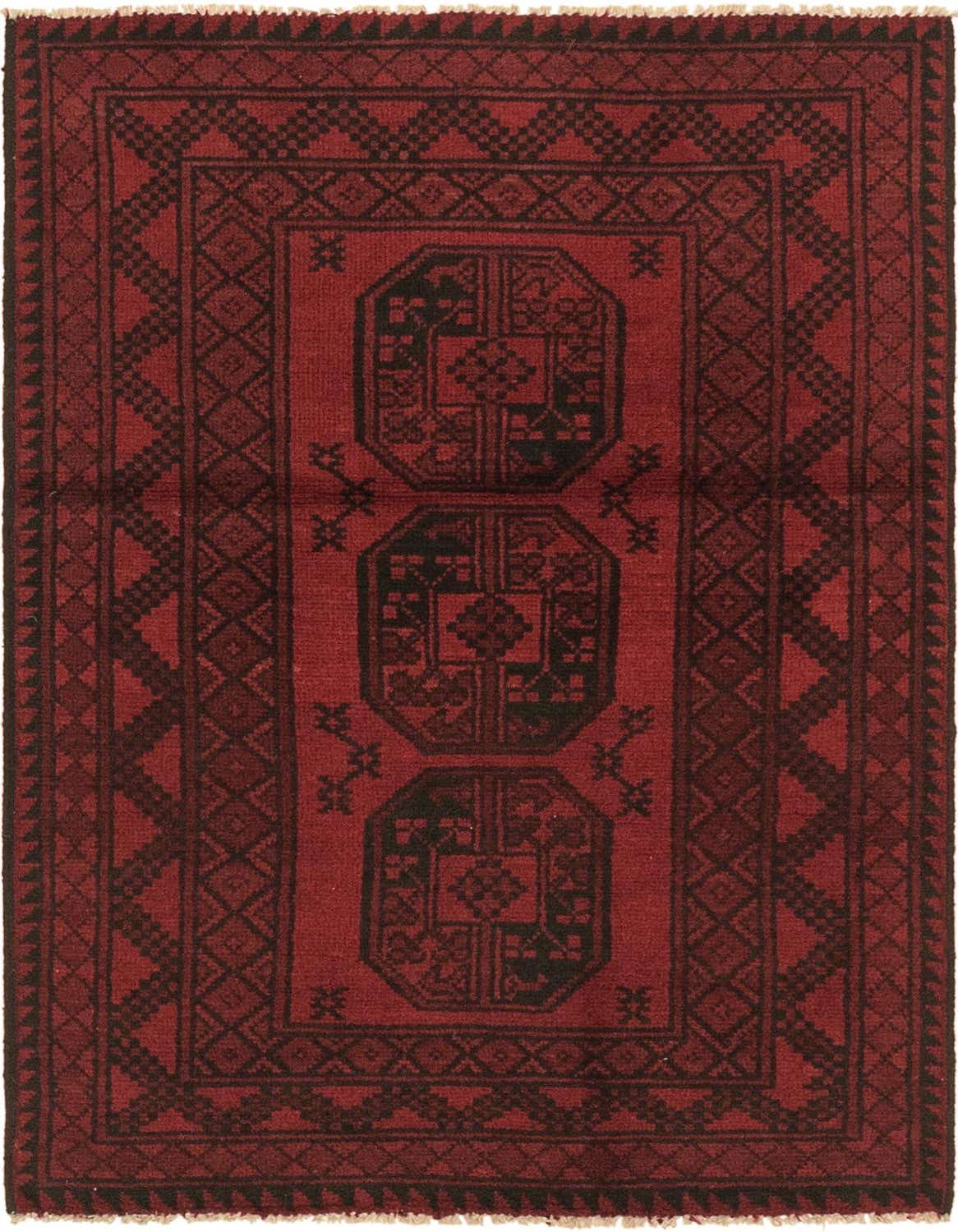 A 3x5 rectangular Afghan Akhche rug in deep red with black traditional tribal medallion patterns, handmade from thin wool.