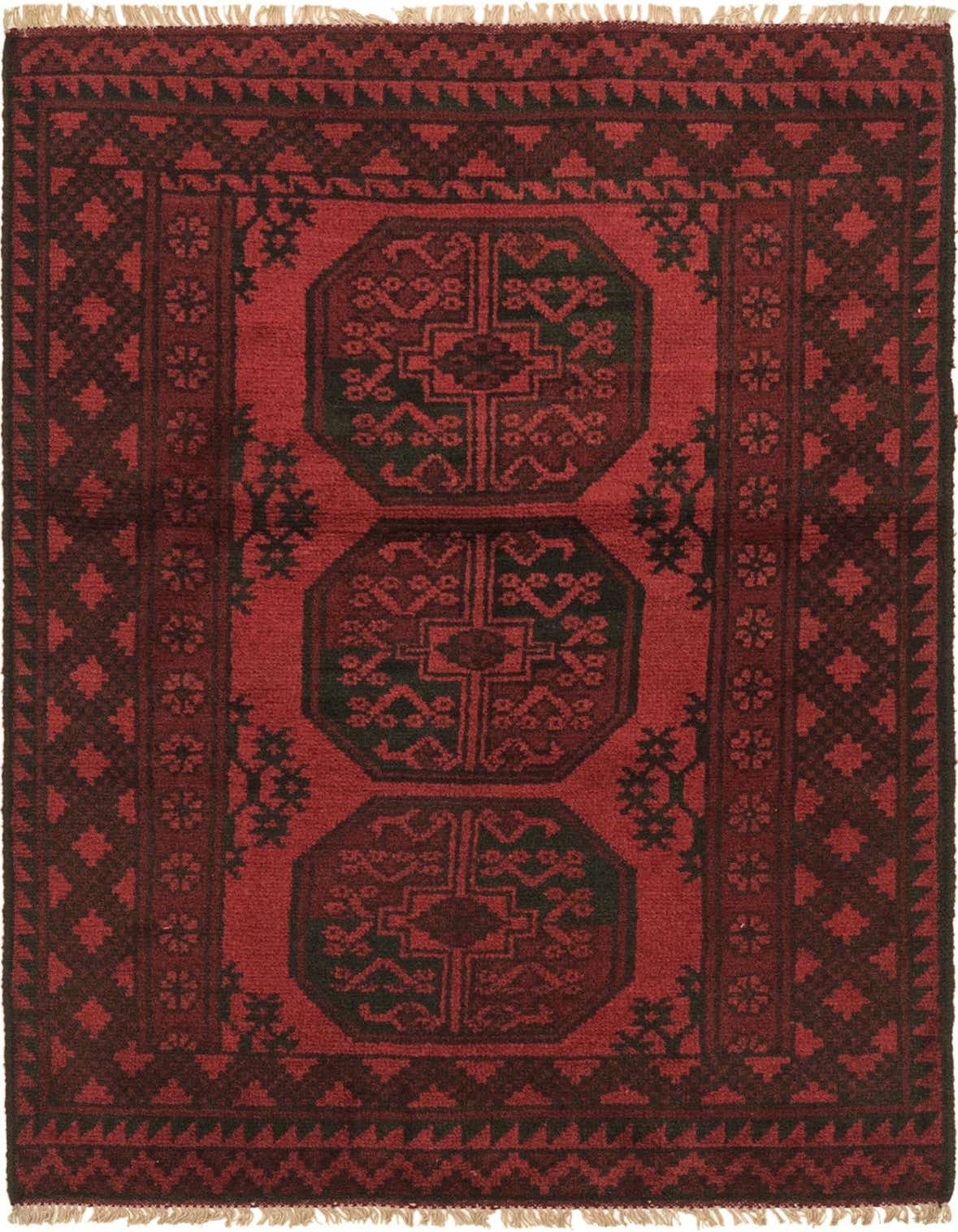 A 3x5 rectangular Afghan Akhche rug in deep reds with a traditional tribal medallion pattern and fringe.