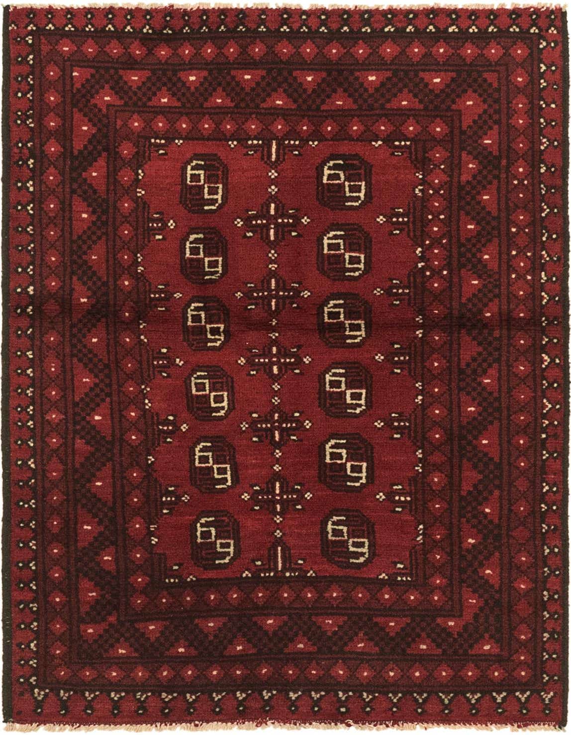A 3x5 rectangular Afghan Akhche rug in deep reds, featuring a traditional tribal medallion pattern with geometric motifs.