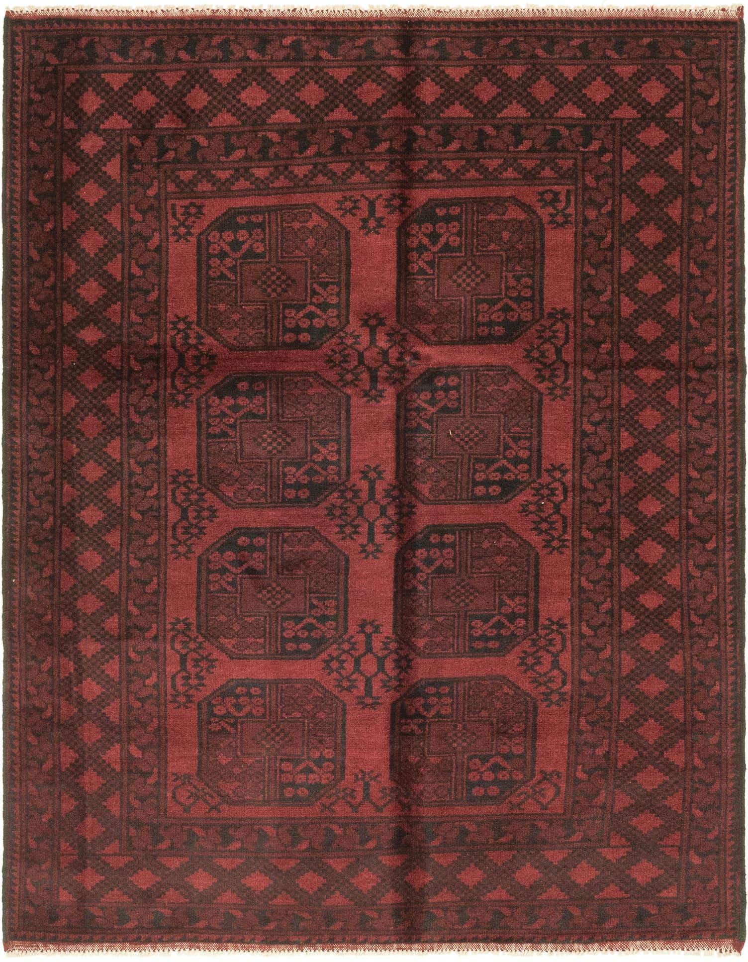 A 4x6 rectangular Afghan Akhche rug in deep red with intricate black tribal patterns and a detailed border.