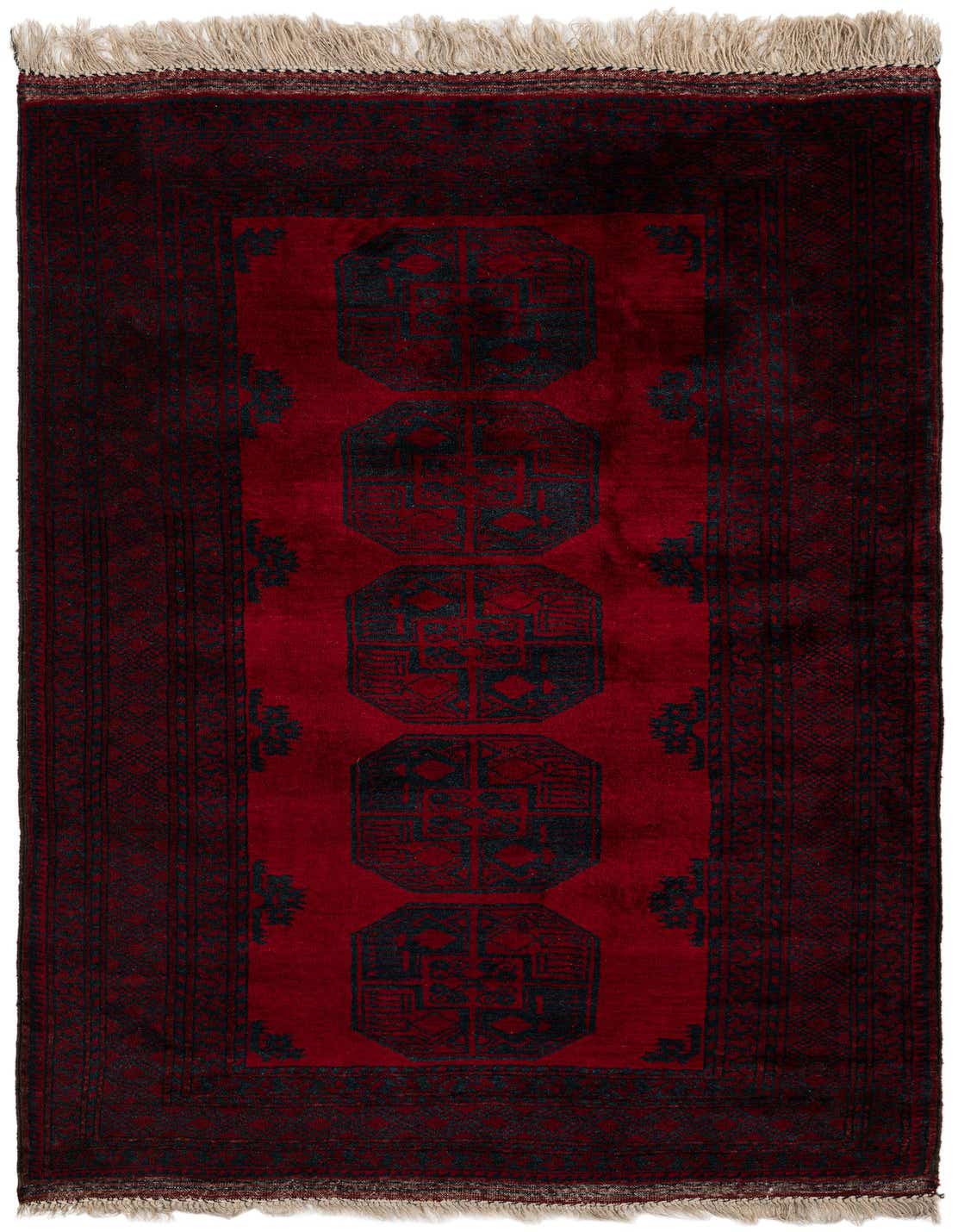 A 5x7 rectangular Afghan Akhche wool rug in deep red with a central column of black tribal medallions and a dark border, featuring visible fringes.