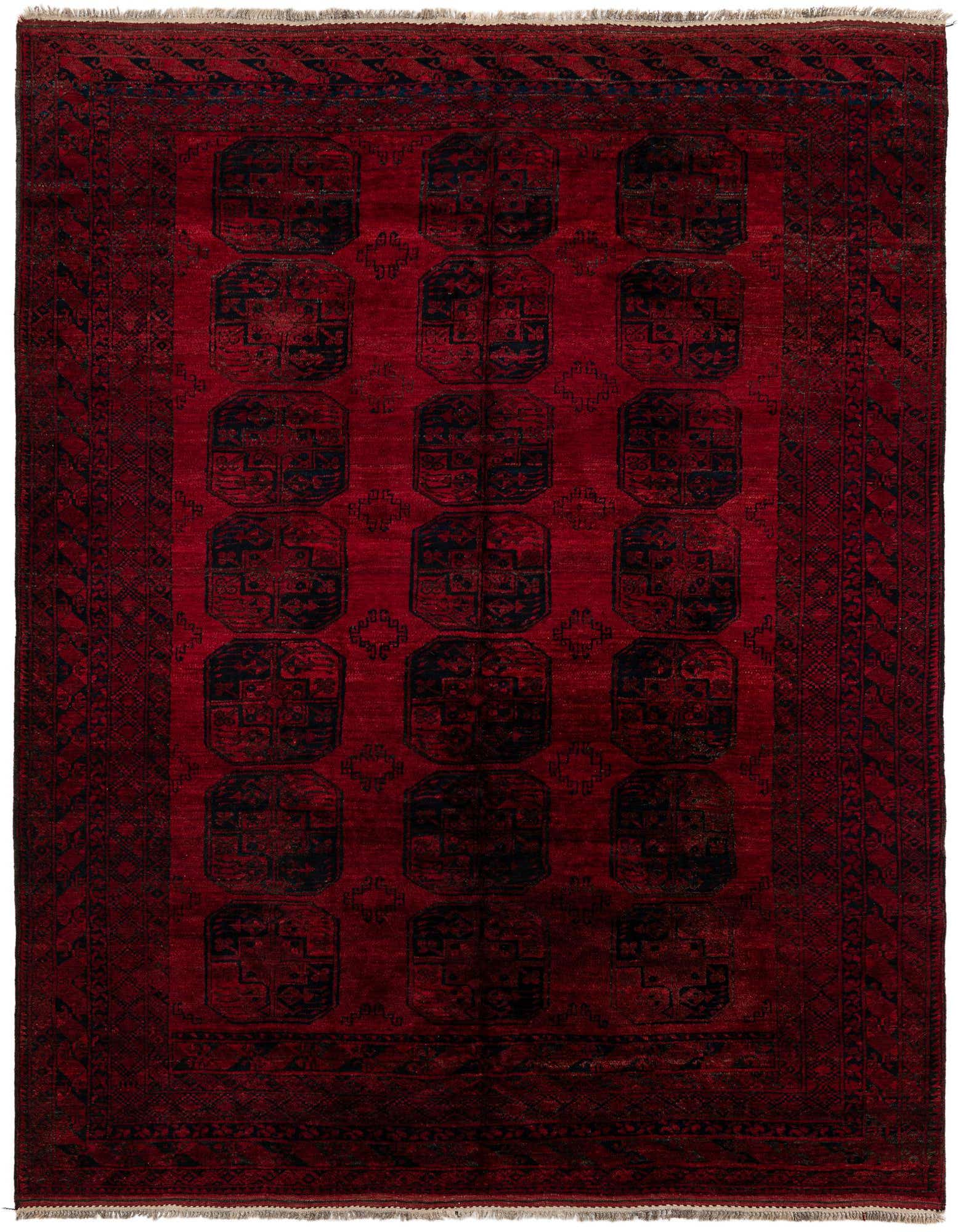 A handmade 8x10 rectangular Afghan Akhche wool rug in deep red with repeating dark tribal medallions and a patterned border.